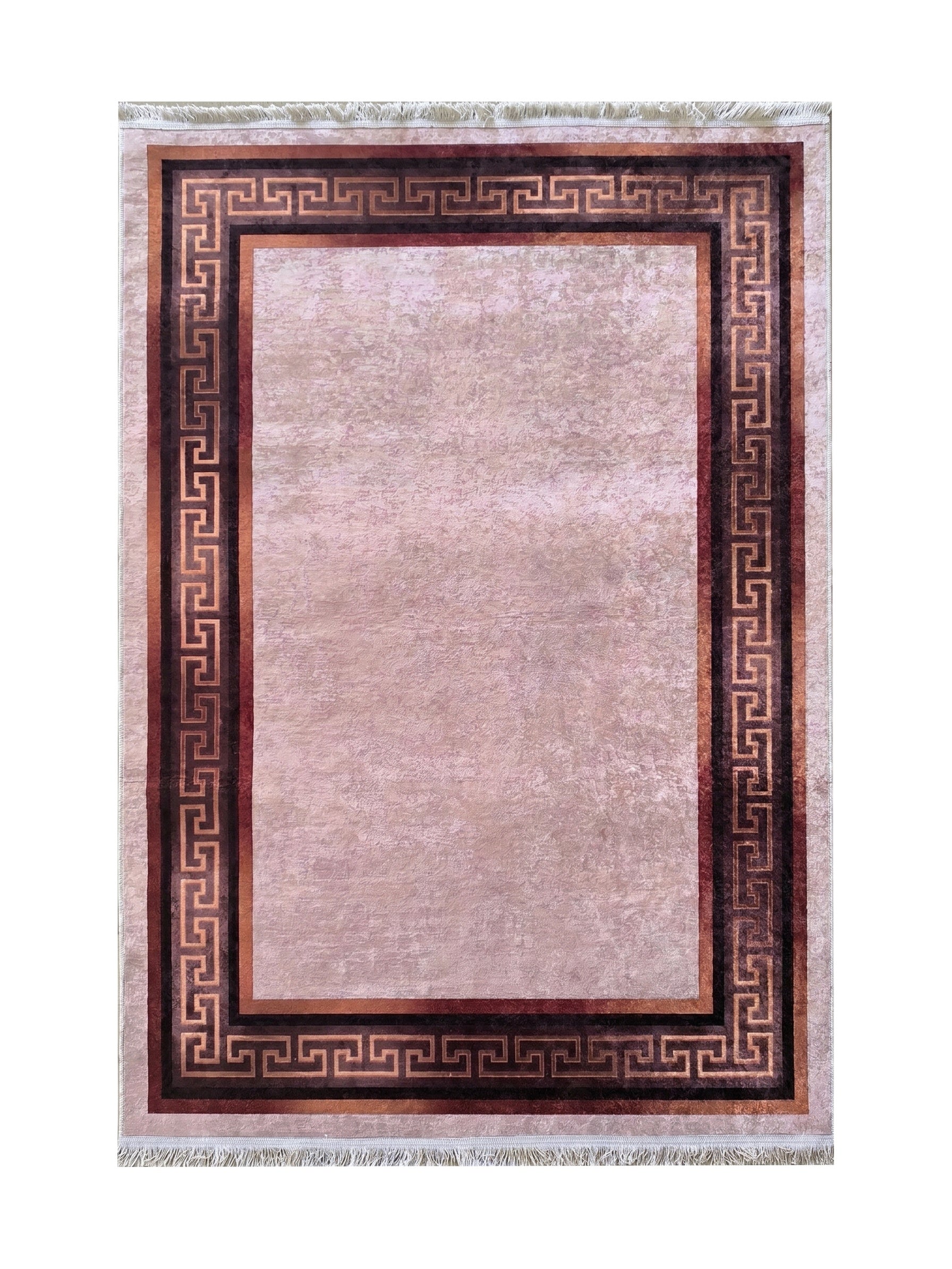Tapis rectangulaire beige rosé texturé avec une large bordure à motif géométrique grec marron foncé et cuivre, orné de franges
