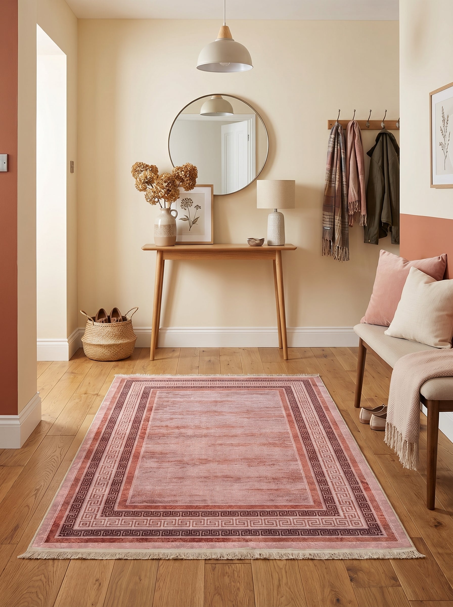 Tapis rectangulaire rose pâle avec motifs géométriques méandre bordeaux en bordure et franges, posé sur un parquet clair dans une entrée