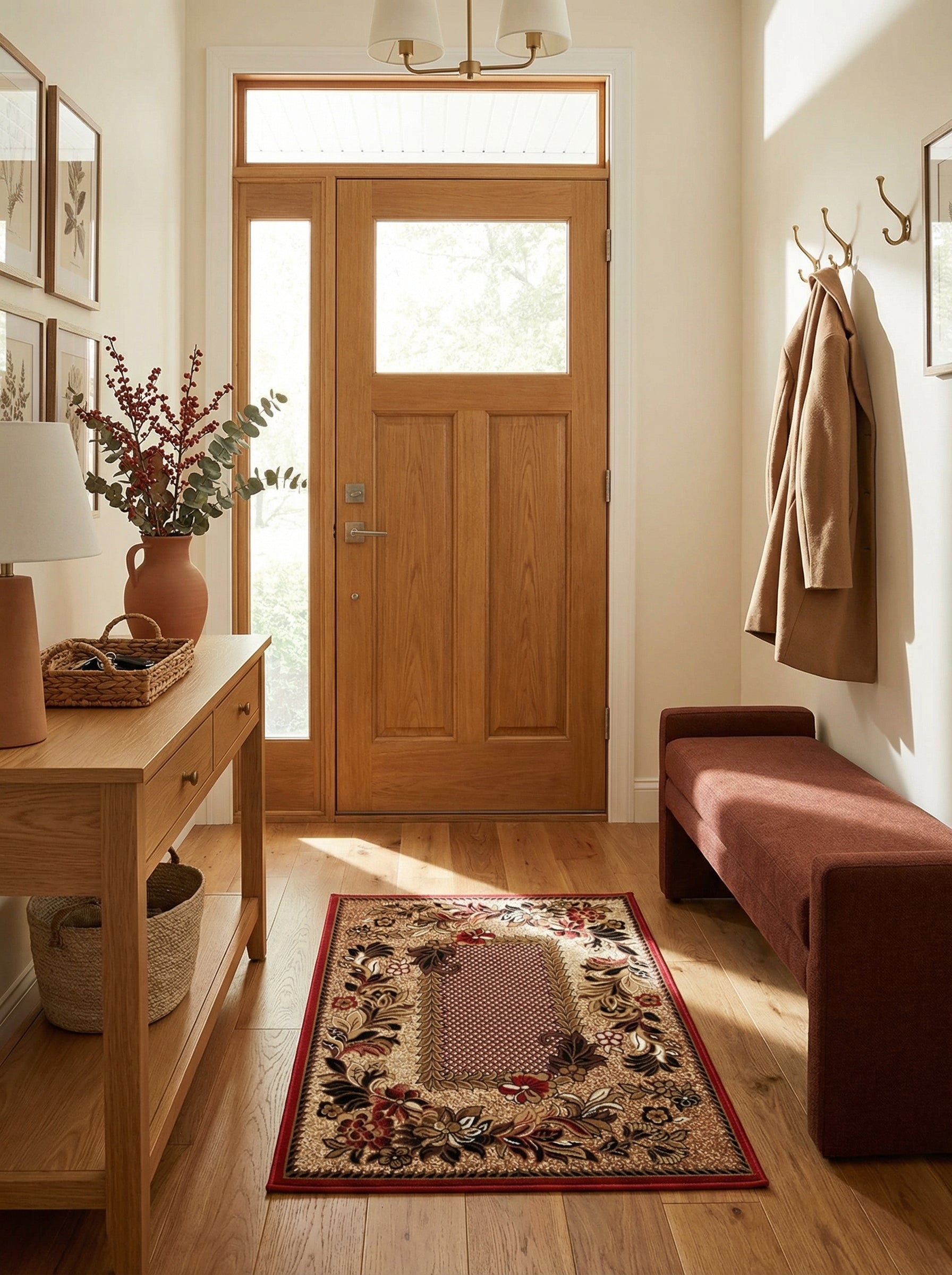 Tapis rectangulaire beige et rouge aux motifs floraux, bordé de rouge, avec un centre géométrique, dans une entrée