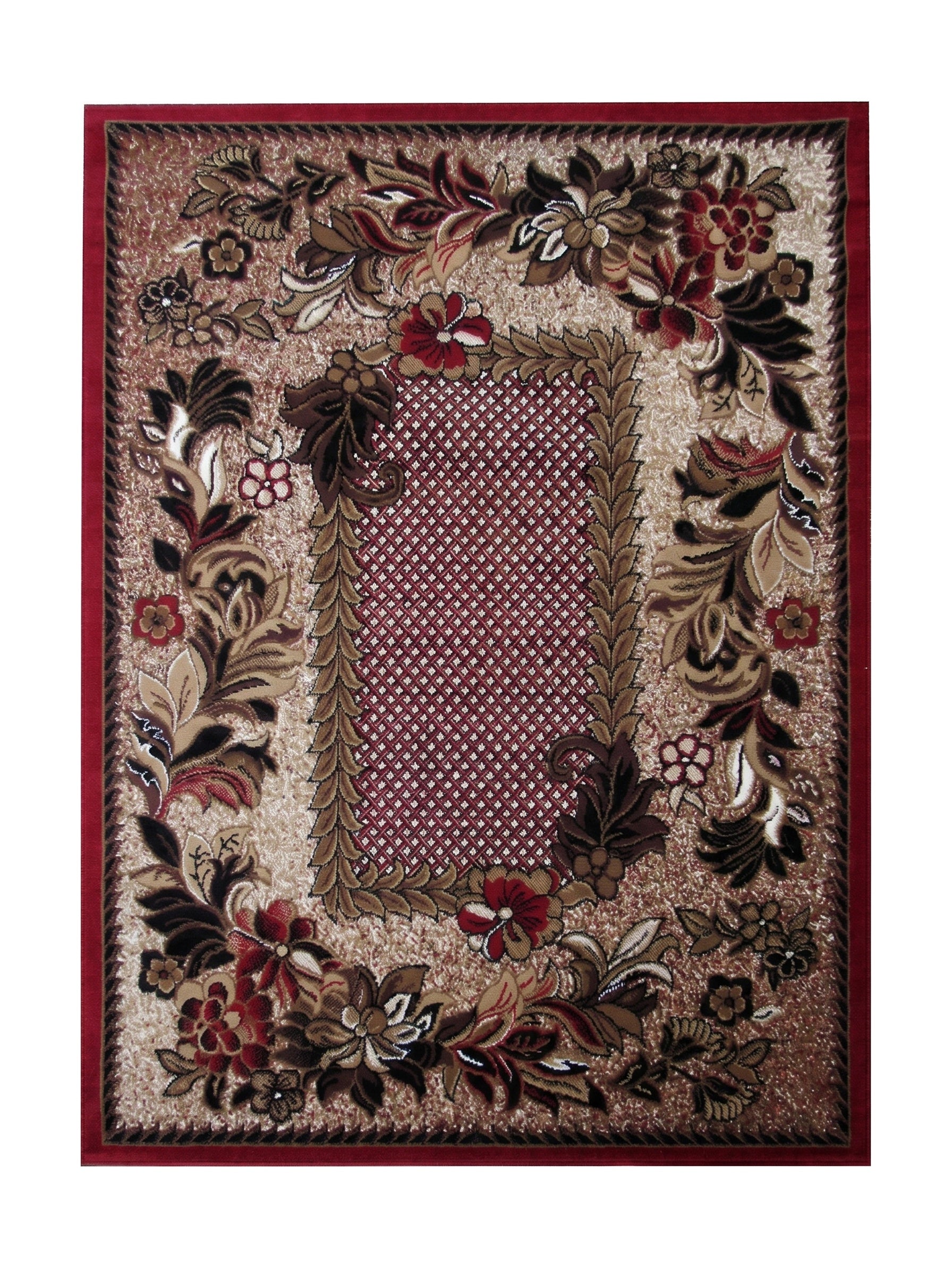 Tapis beige à bordure rouge, orné de motifs floraux et de feuillages marron et bordeaux, avec un centre quadrillé rouge