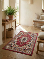 Tapis rectangulaire rouge à motifs orientaux beiges, noirs et marrons sur un sol en pierre dans une entrée lumineuse