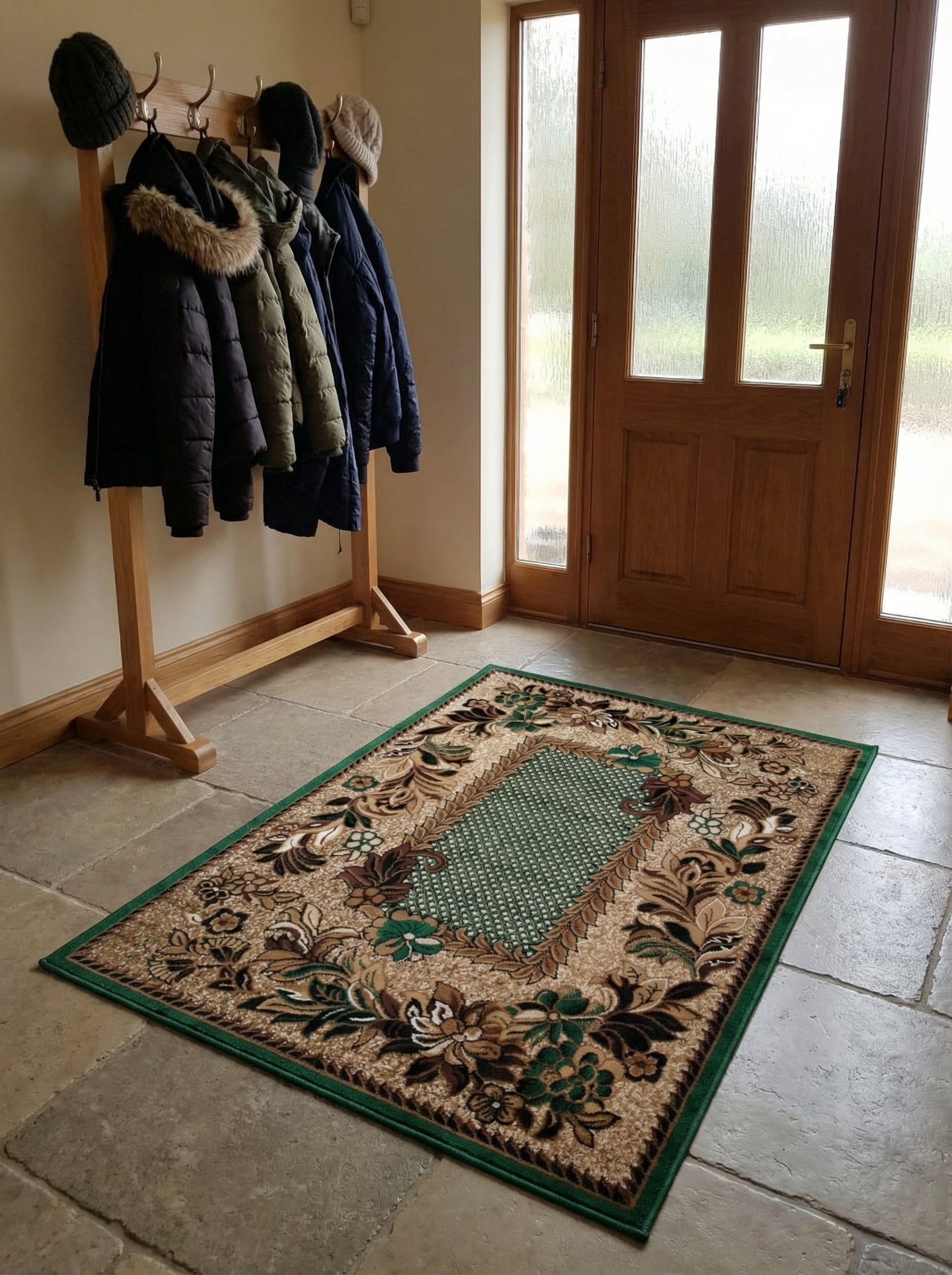 Tapis rectangulaire beige avec motifs floraux verts et bruns, centre vert texturé, bordure verte, dans une entrée
