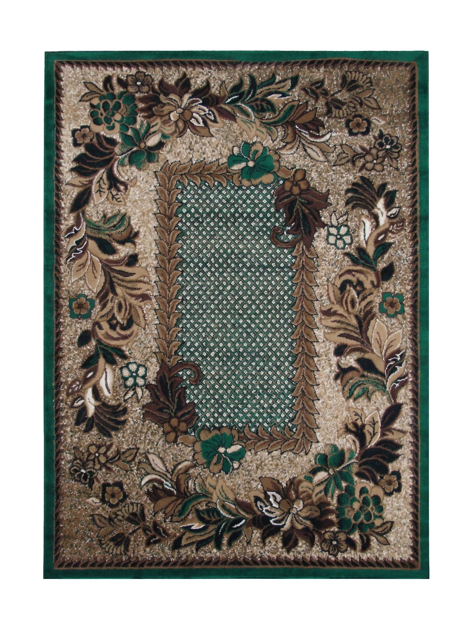 Tapis rectangulaire vert, marron et beige avec un centre géométrique quadrillé encadré de motifs floraux élaborés et d'une bordure verte unie