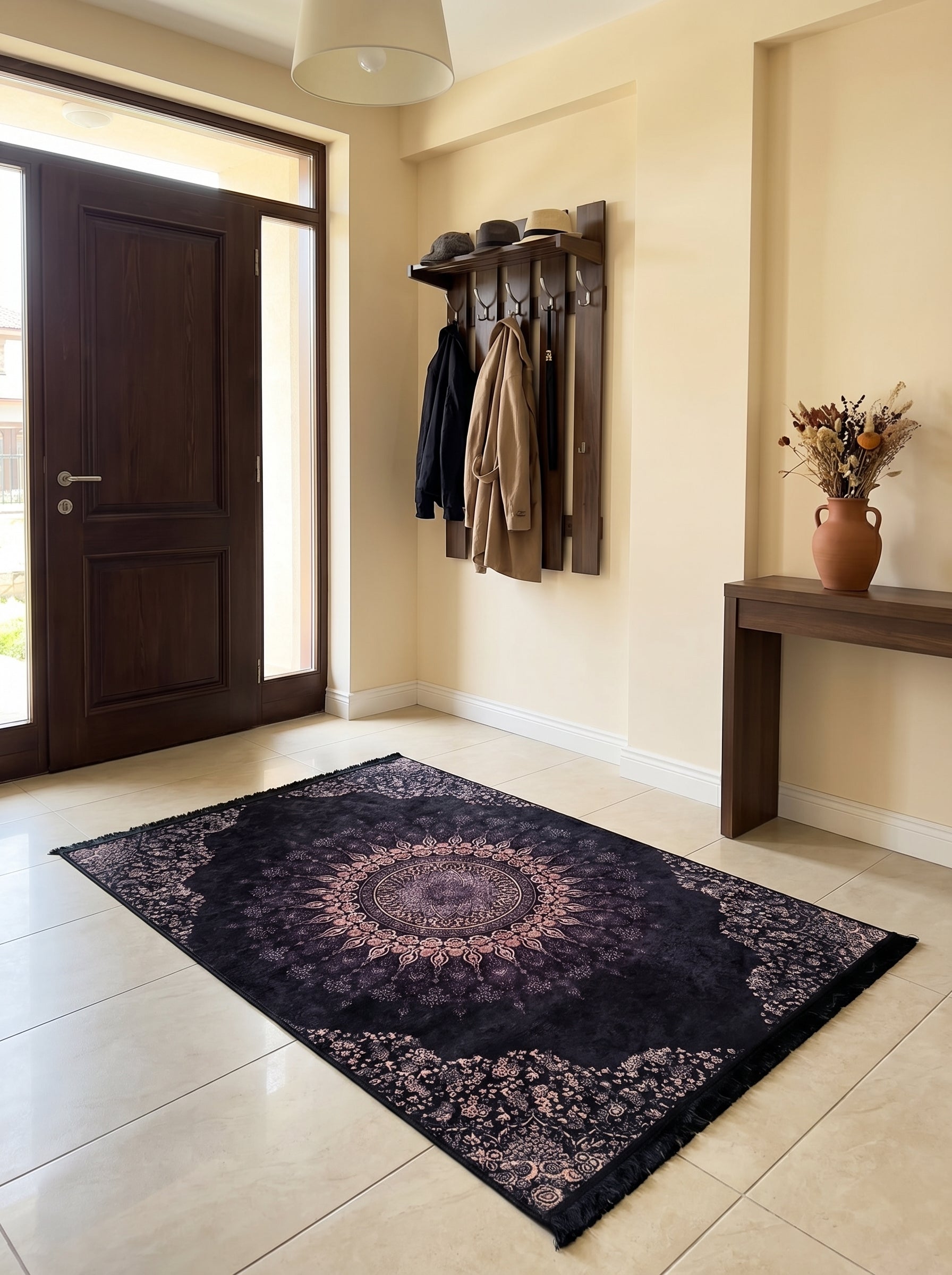 Tapis rectangulaire noir profond à poils courts, avec grand médaillon central et motifs floraux rose pâle, frangé, dans une entrée