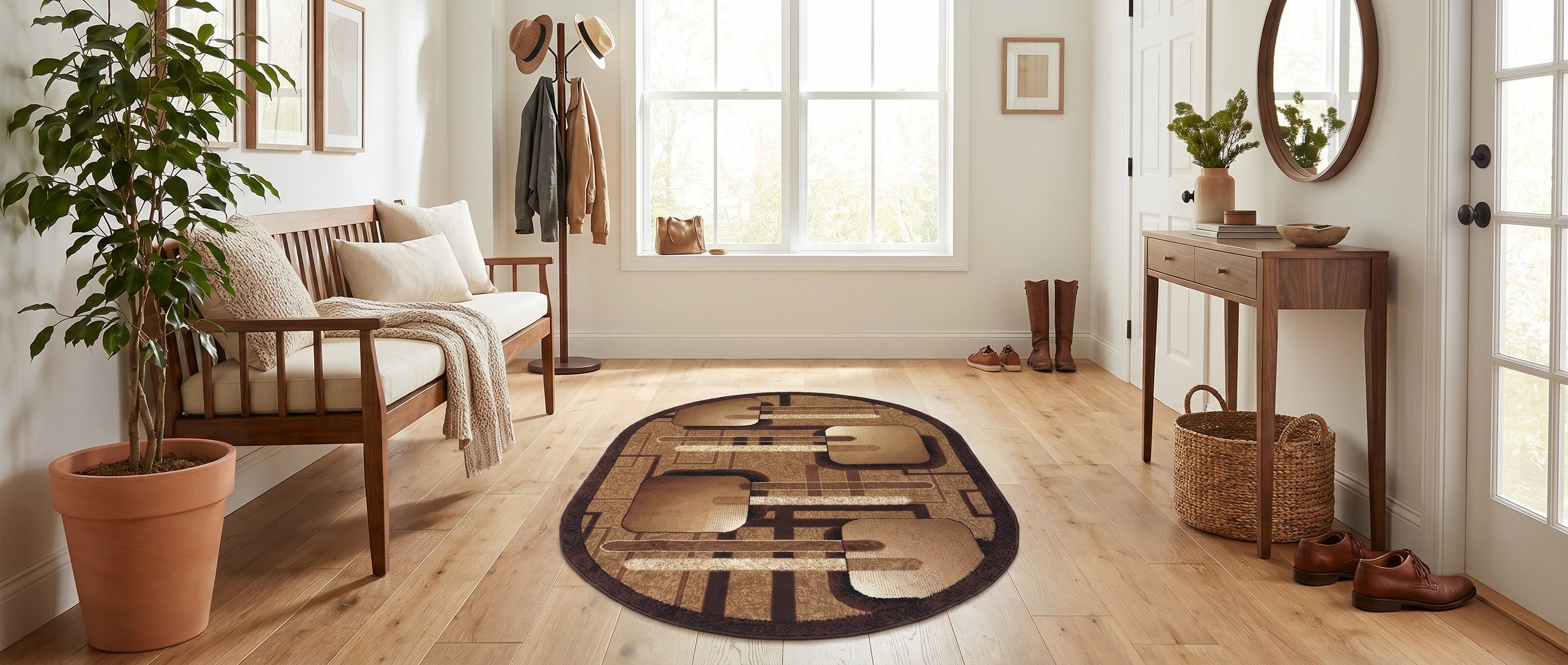 Tapis ovale aux motifs abstraits de formes rectangulaires et de bandes dégradées dans des tons de marron et beige, posé sur un parquet dans une entrée