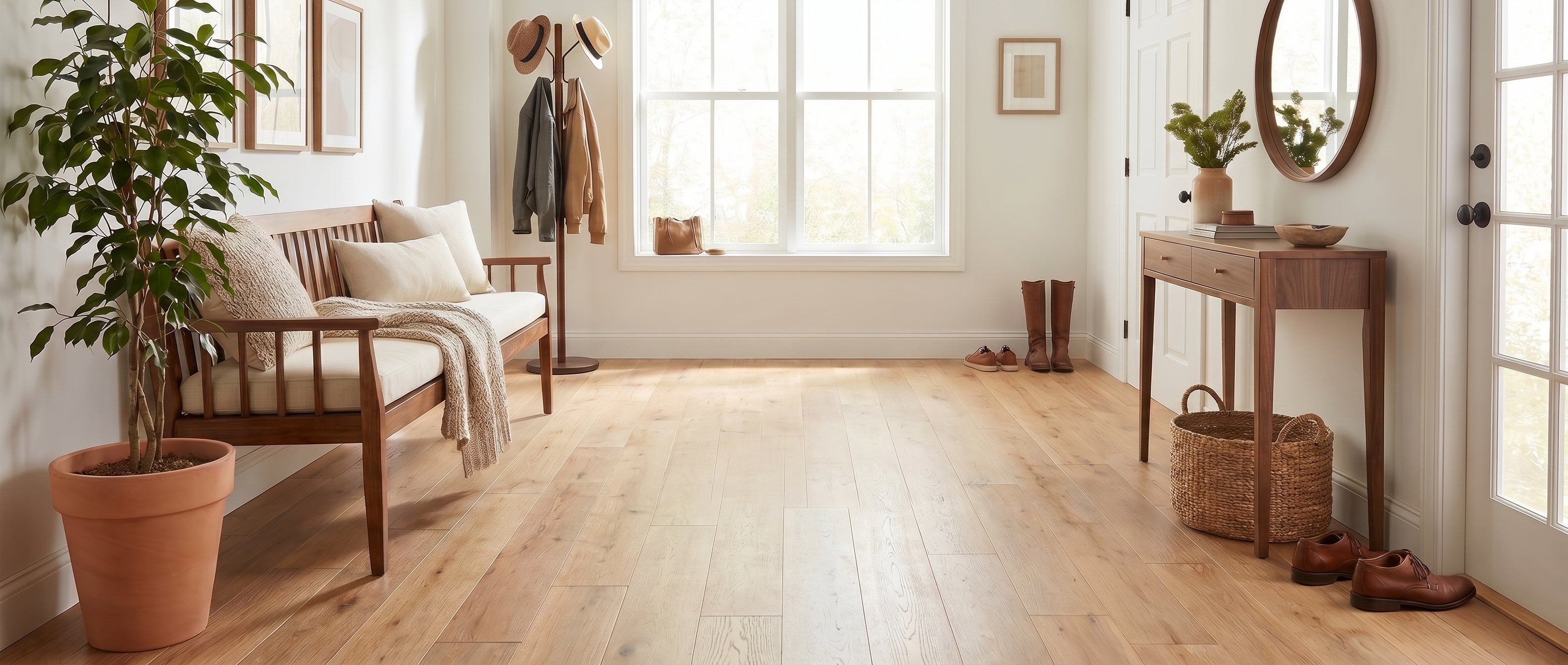 Entrée lumineuse avec parquet clair, un banc en bois, un porte-manteau, une plante verte, une console et un miroir rond