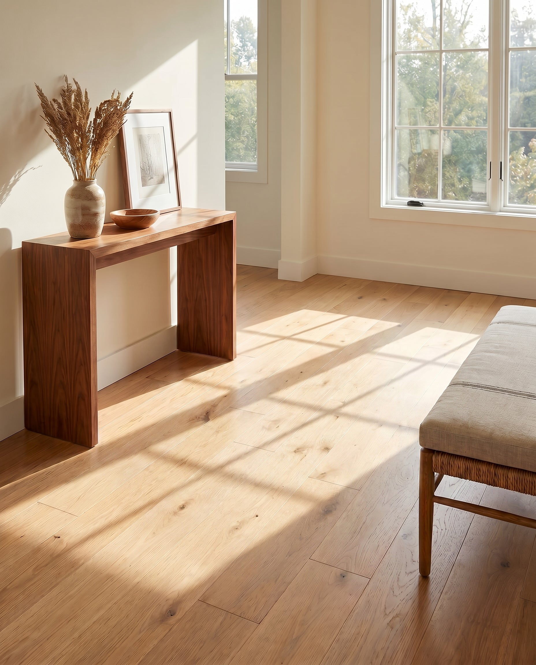Pièce lumineuse avec sol en bois clair. Console en bois foncé avec vase, cadre et bol. Un banc beige est visible