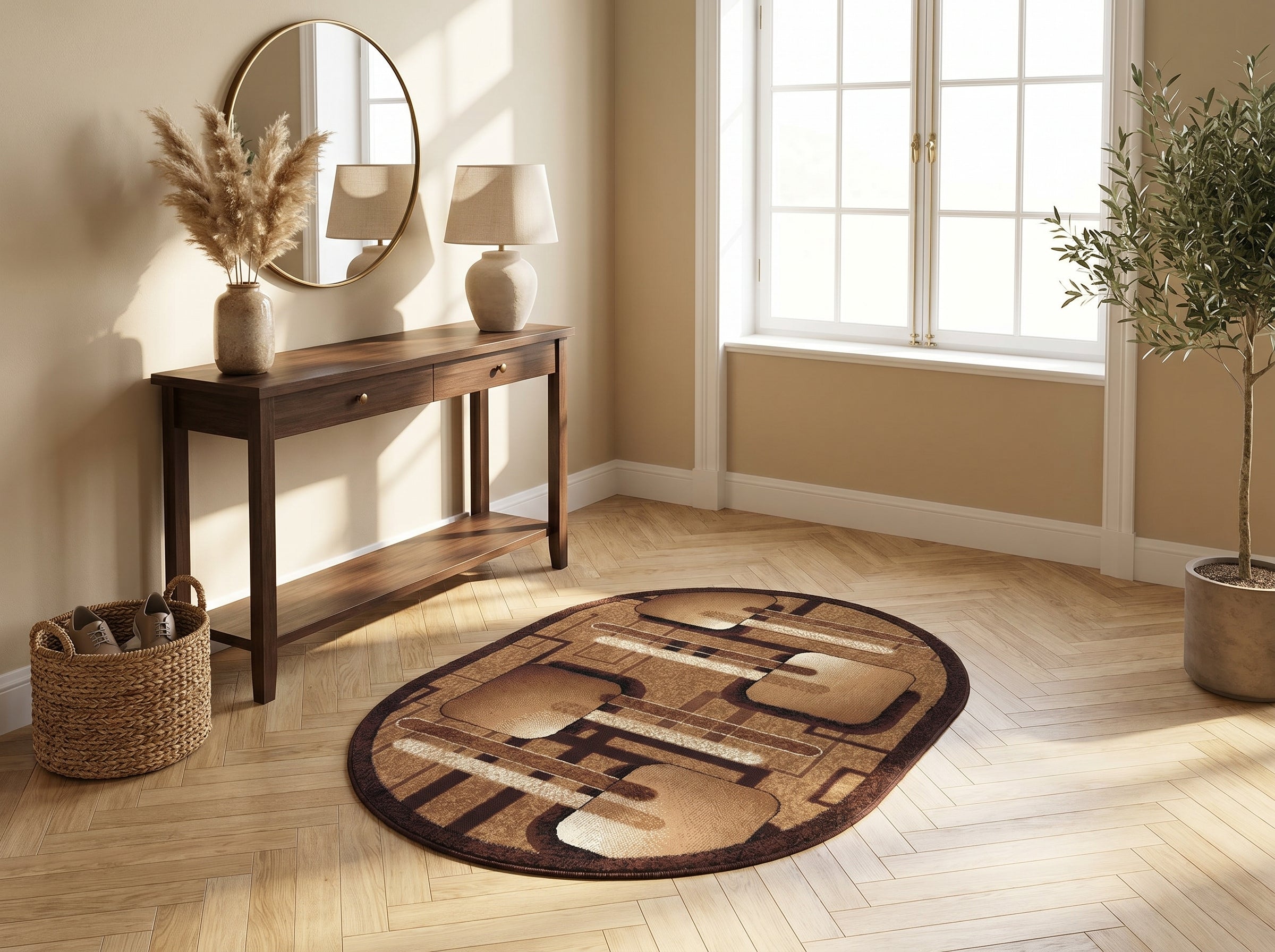 Tapis ovale marron et beige aux motifs géométriques abstraits de formes arrondies et lignes, sur parquet clair dans une entrée