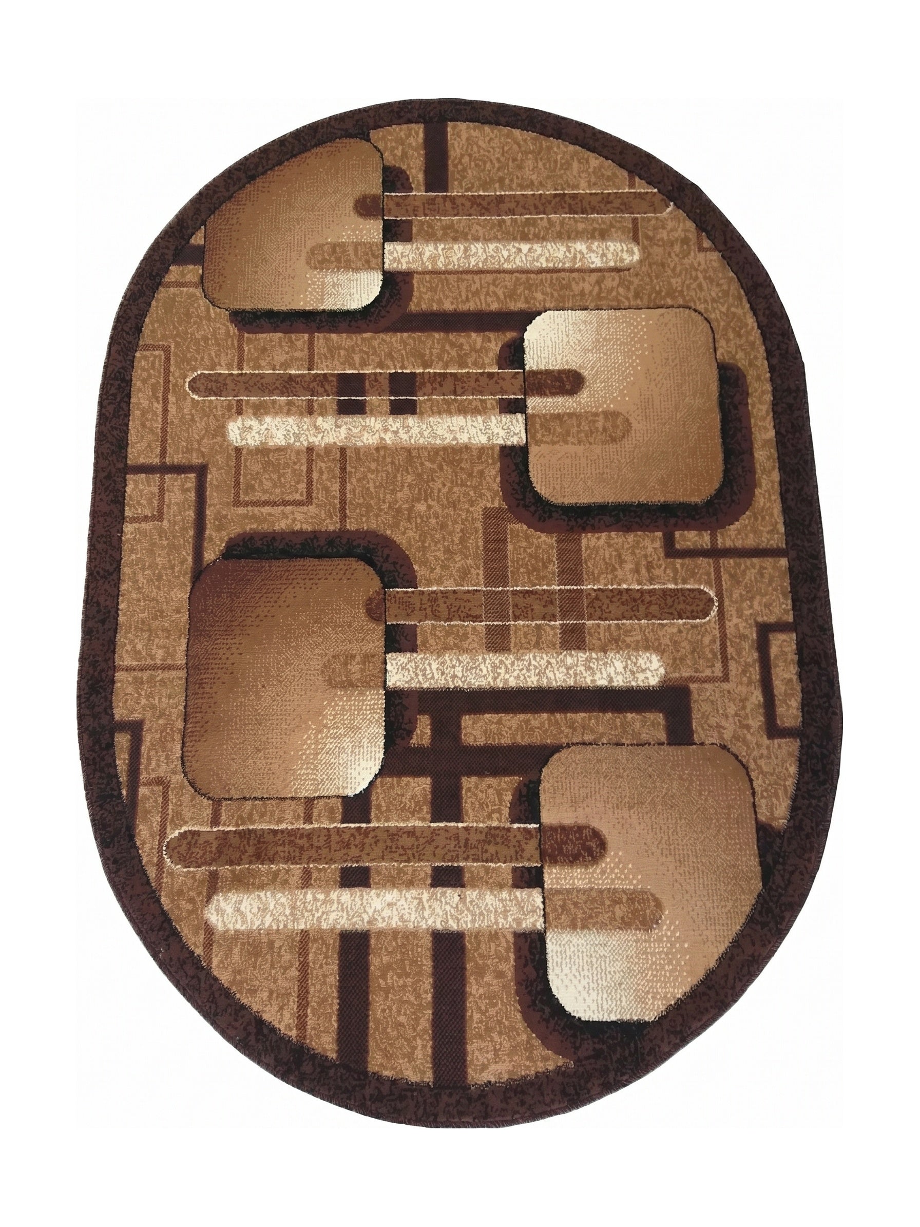 Tapis ovale aux motifs géométriques abstraits dans des tons de marron clair, moyen et foncé avec une bordure unie