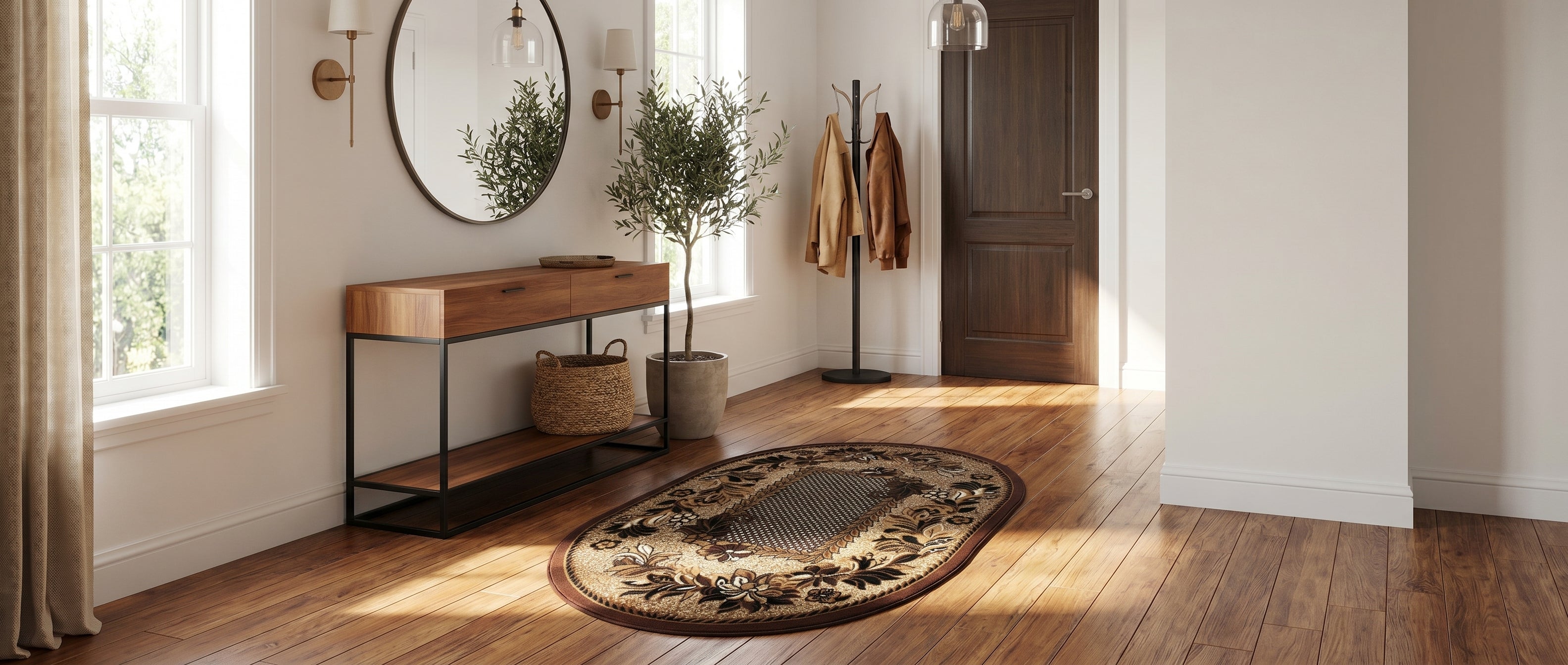 Tapis ovale beige et marron à motifs floraux et géométriques, sur parquet en bois clair d'une entrée lumineuse