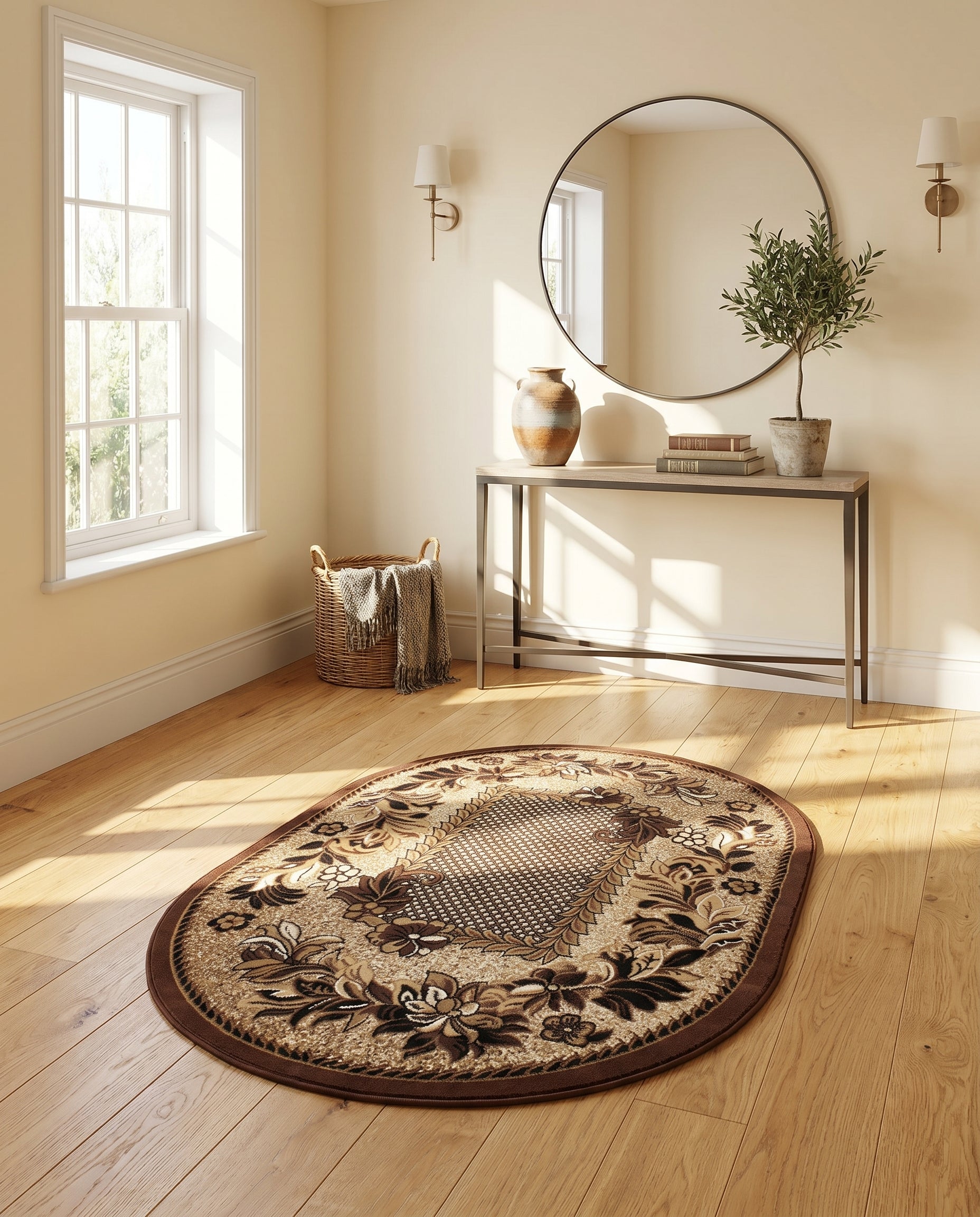Tapis ovale floral marron, beige et crème avec un motif central texturé, posé sur un parquet dans une entrée lumineuse