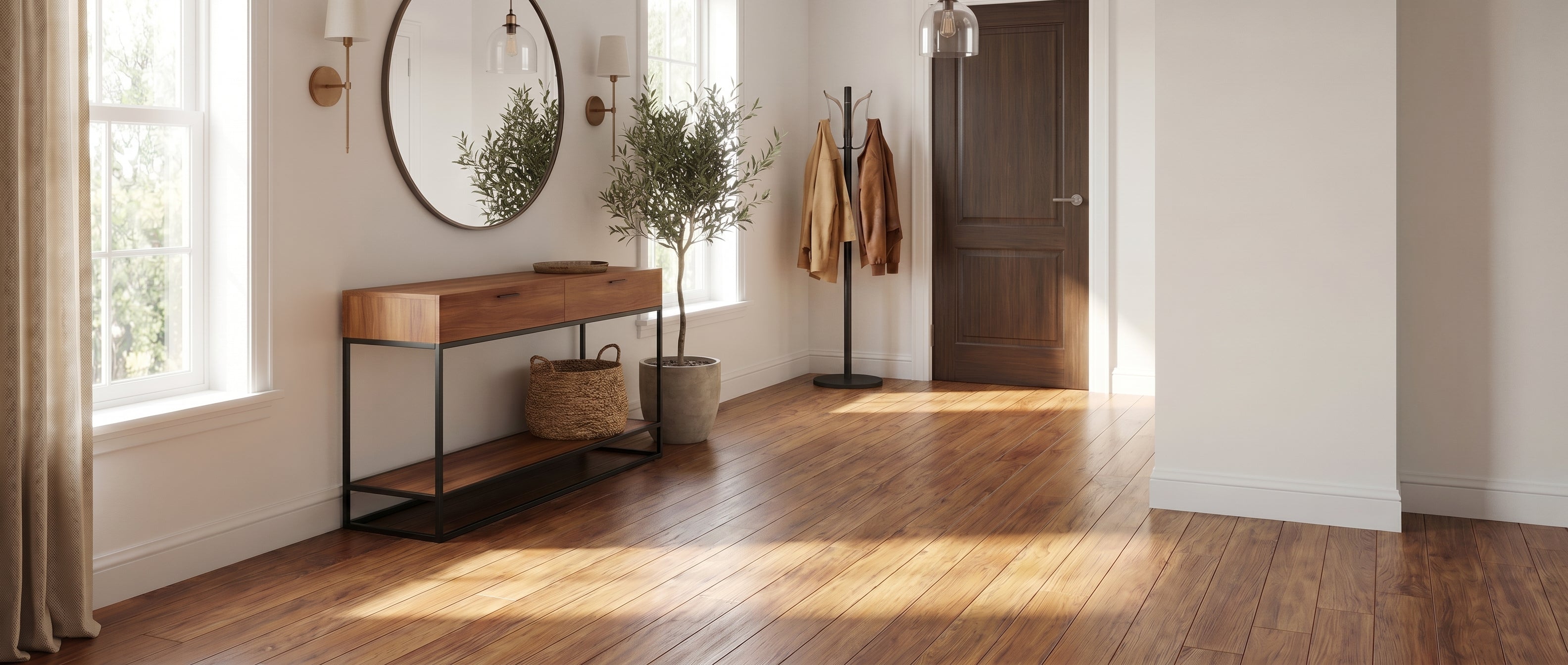 Pièce lumineuse avec sol en parquet nu, meublée d'une console en bois et métal, d'un grand miroir rond, de deux appliques murales, d'une plante en pot et d'un porte-manteau avec deux vestes