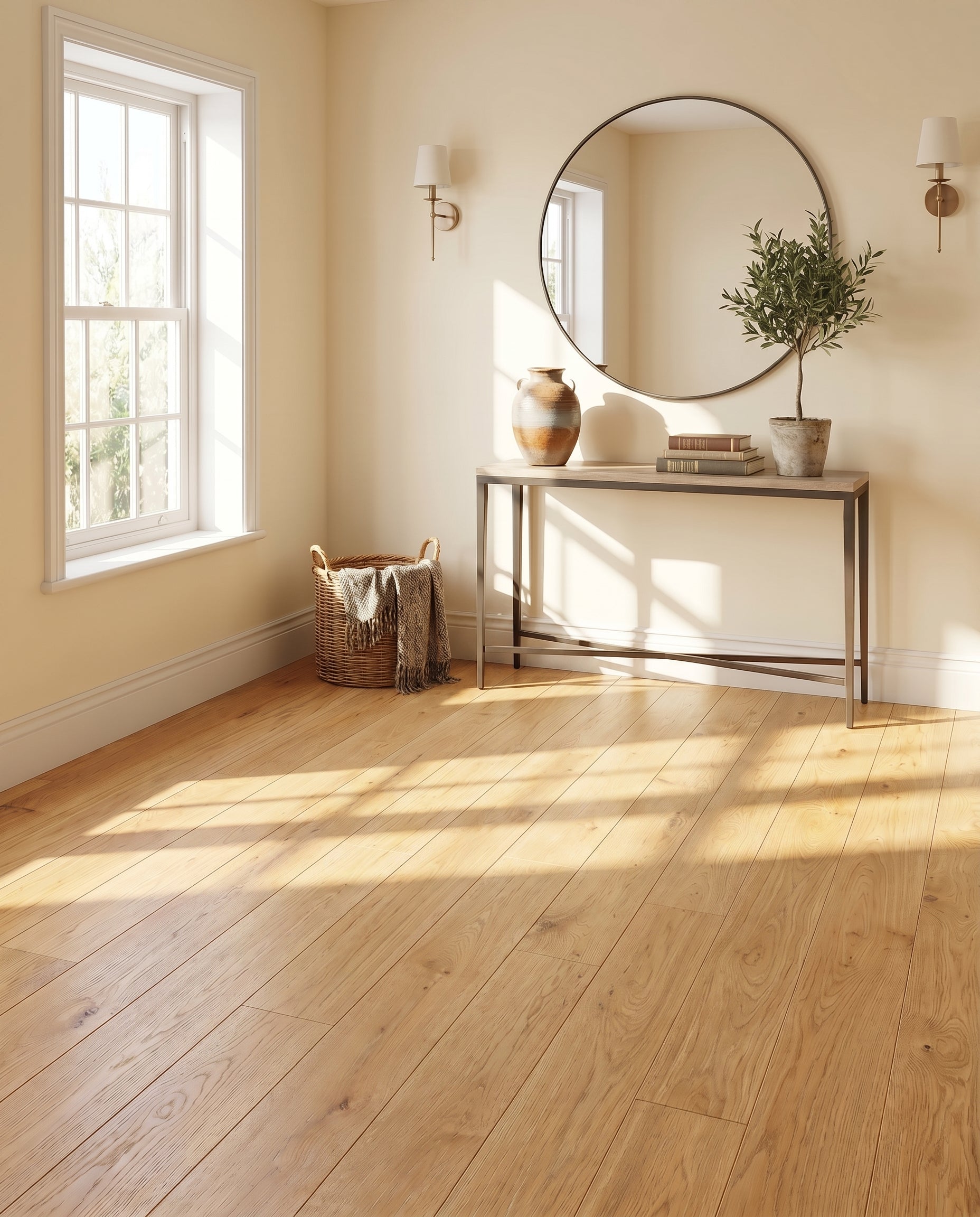 Intérieur lumineux au sol en bois nu, doté d'une console, un miroir rond, une plante, des livres et un panier près de la fenêtre