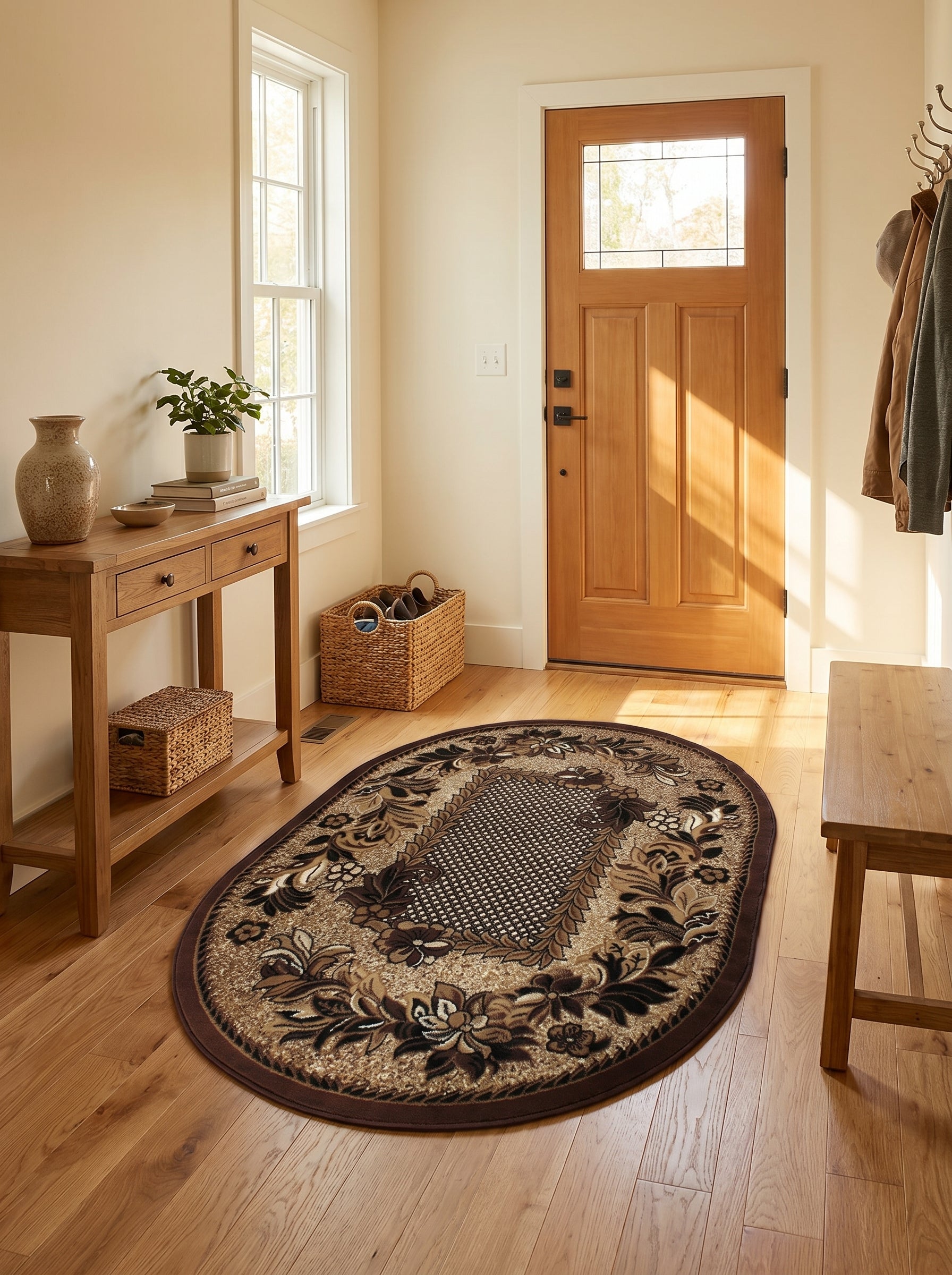 Tapis ovale aux motifs floraux et végétaux marron foncé, beiges et noirs, encadrant un centre tramé sur fond clair, posé dans une entrée