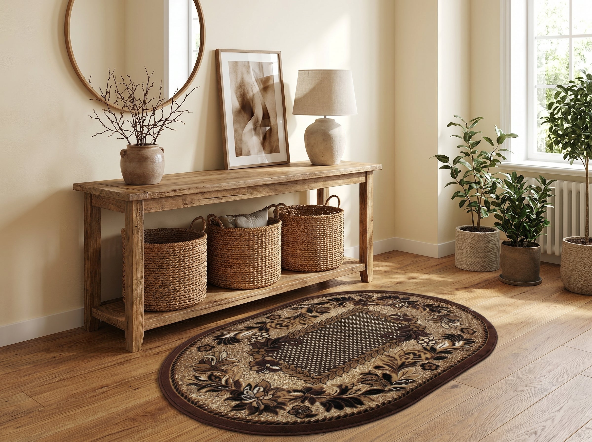 Tapis ovale beige et marron aux motifs floraux et centre texturé foncé, dans une entrée lumineuse