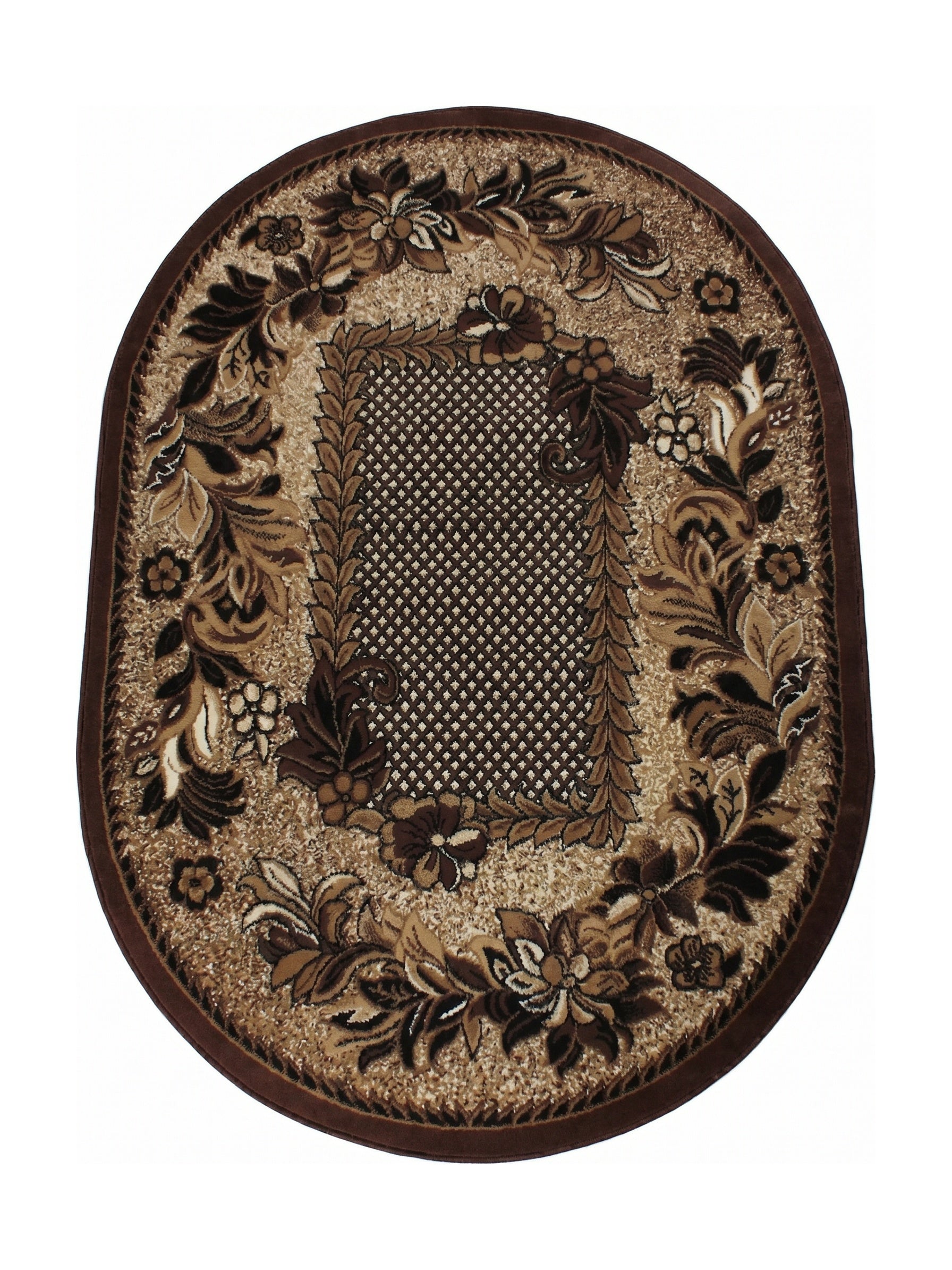 Tapis ovale aux tons marron et beige, à l'aspect texturé, avec de riches motifs floraux et un centre à petits points encadré
