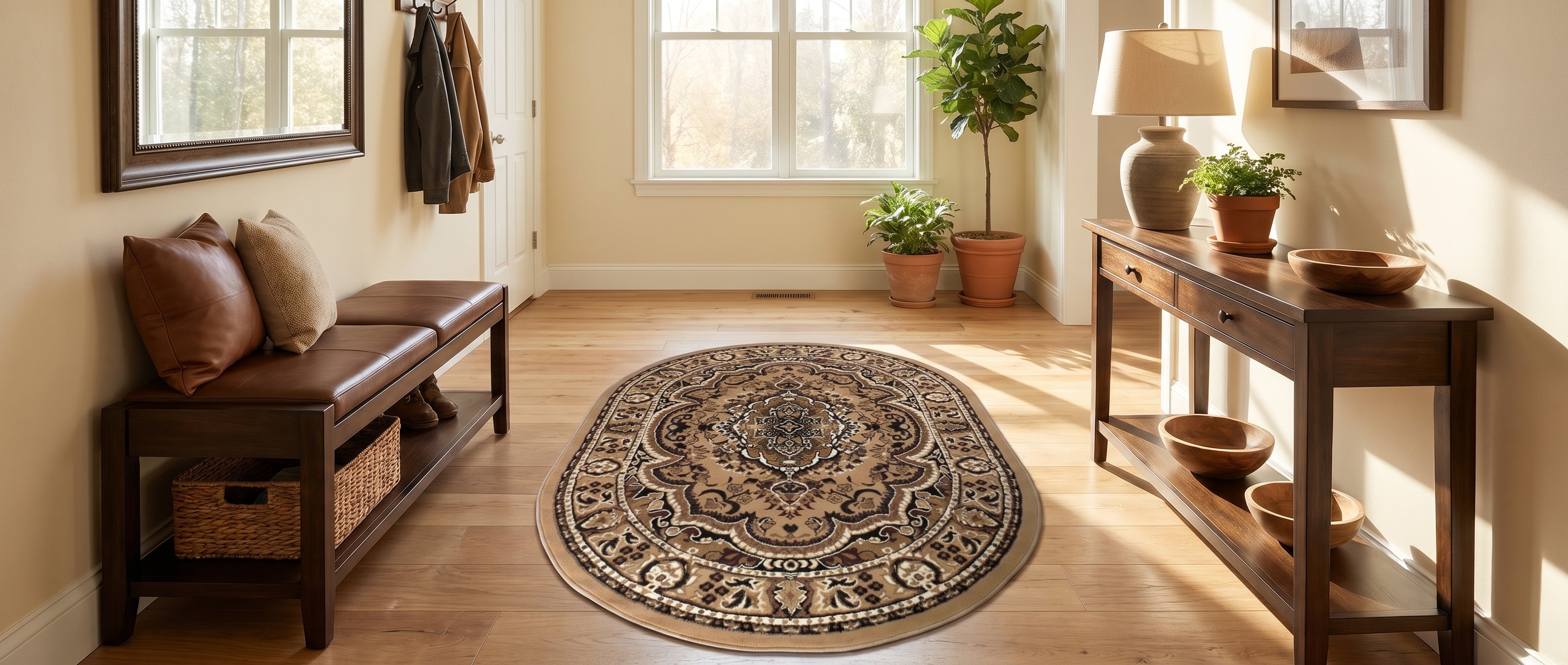 Tapis ovale beige et marron aux motifs classiques ornementaux et médaillon central, posé sur un parquet en bois dans une entrée