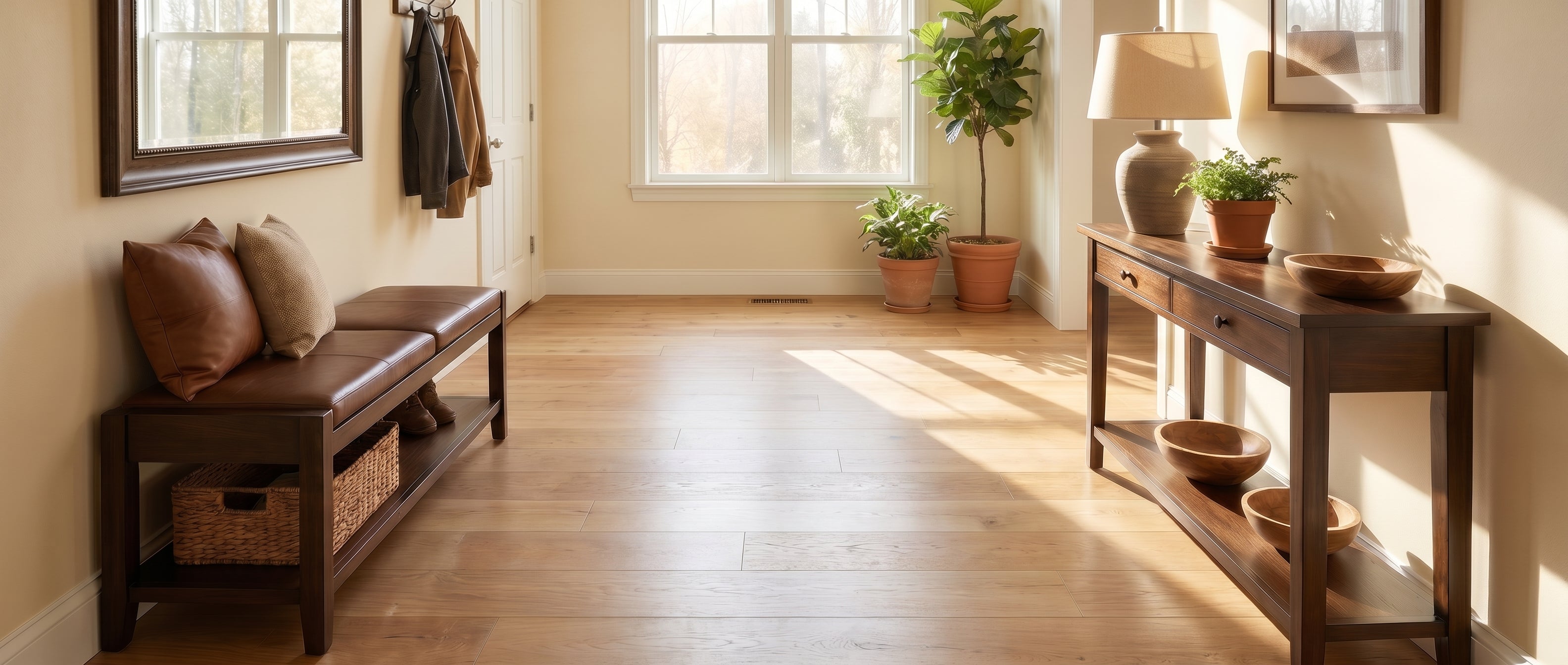 Couloir lumineux avec un sol en bois clair, une banquette en cuir brun et une console en bois foncé décorée de plantes et de bols en bois