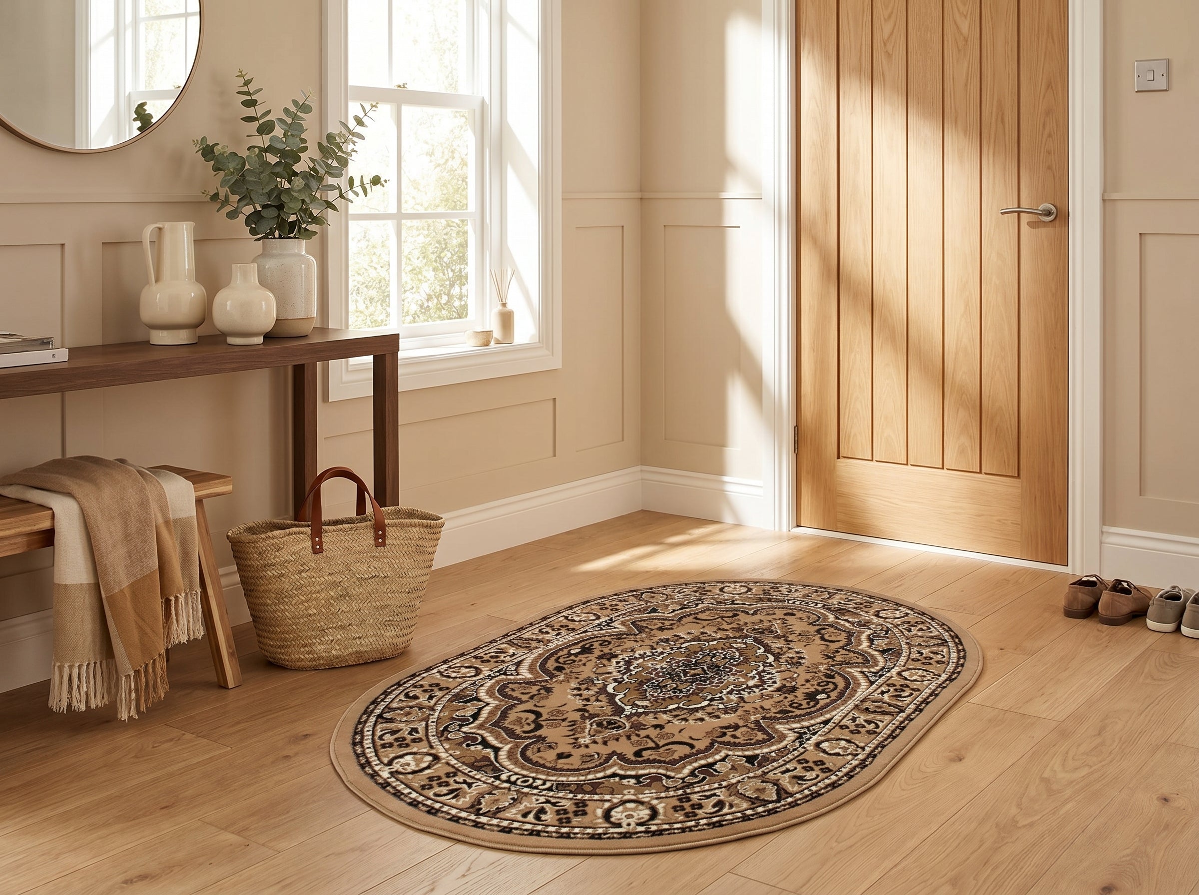 Tapis ovale beige et marron à motifs floraux et médaillon, posé sur un parquet dans une entrée lumineuse
