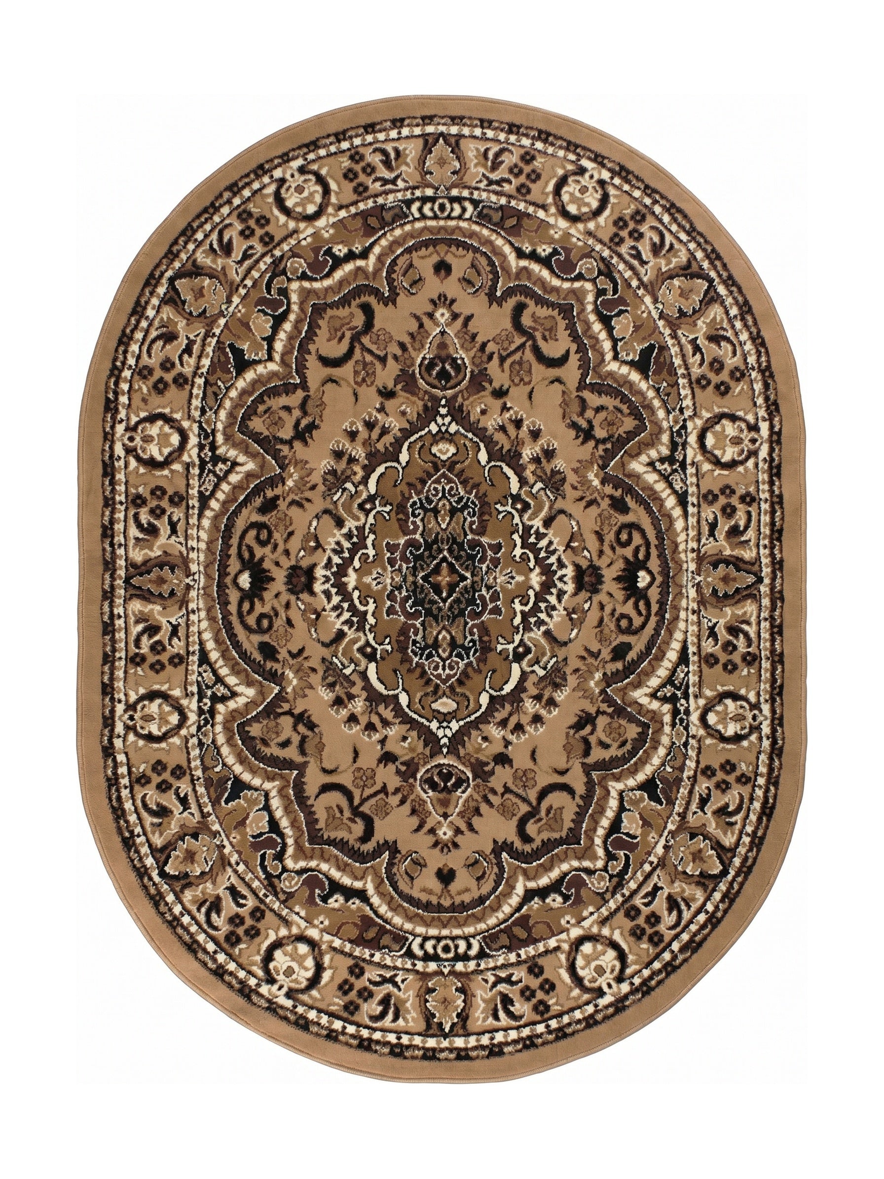 Un tapis ovale beige et marron clair avec un motif floral et médaillon traditionnel, rehaussé de crème