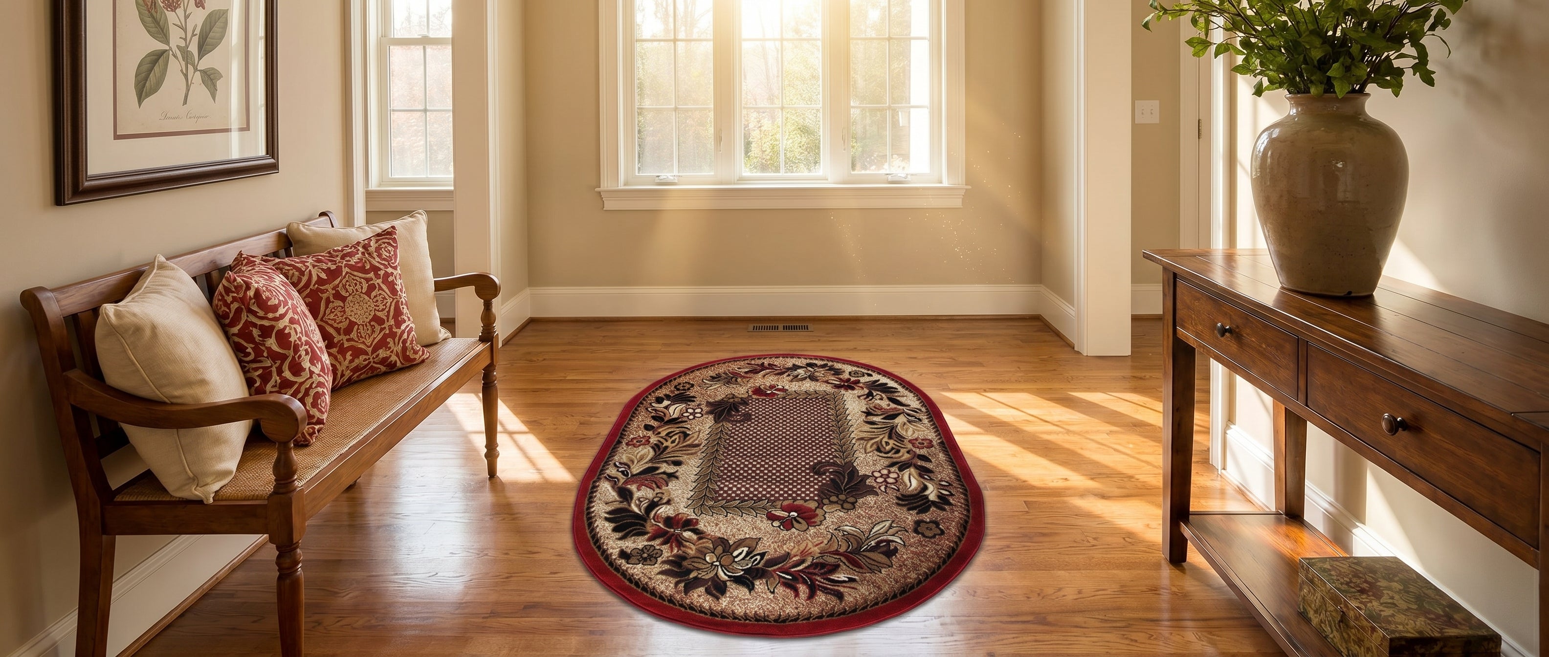 Tapis ovale floral beige, rouge et marron, avec un bord rouge vif, sur parquet dans une entrée lumineuse