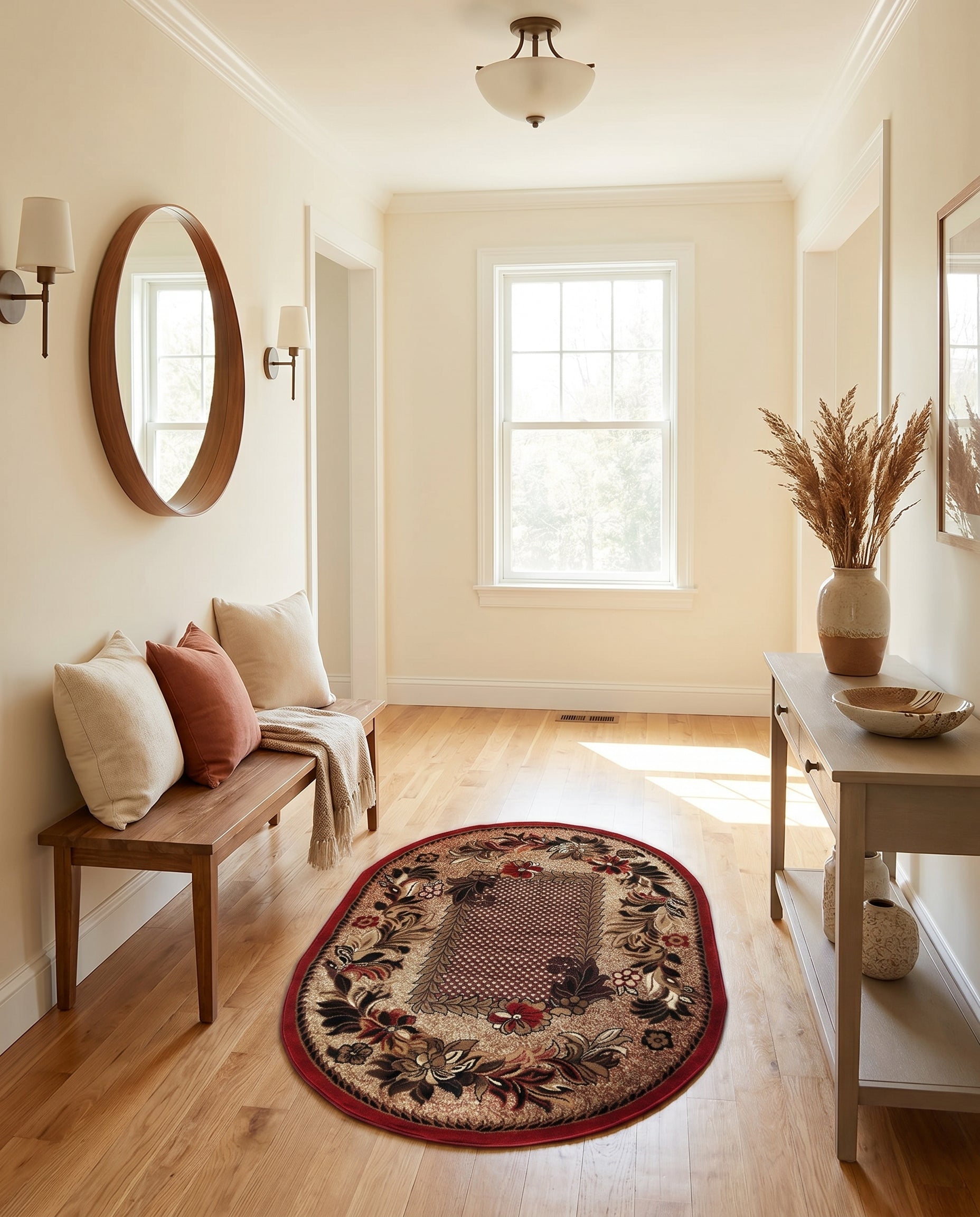 Tapis ovale aux motifs floraux détaillés en rouge bordeaux, beige, brun et noir, avec une bordure rouge, sur le parquet d'une entrée