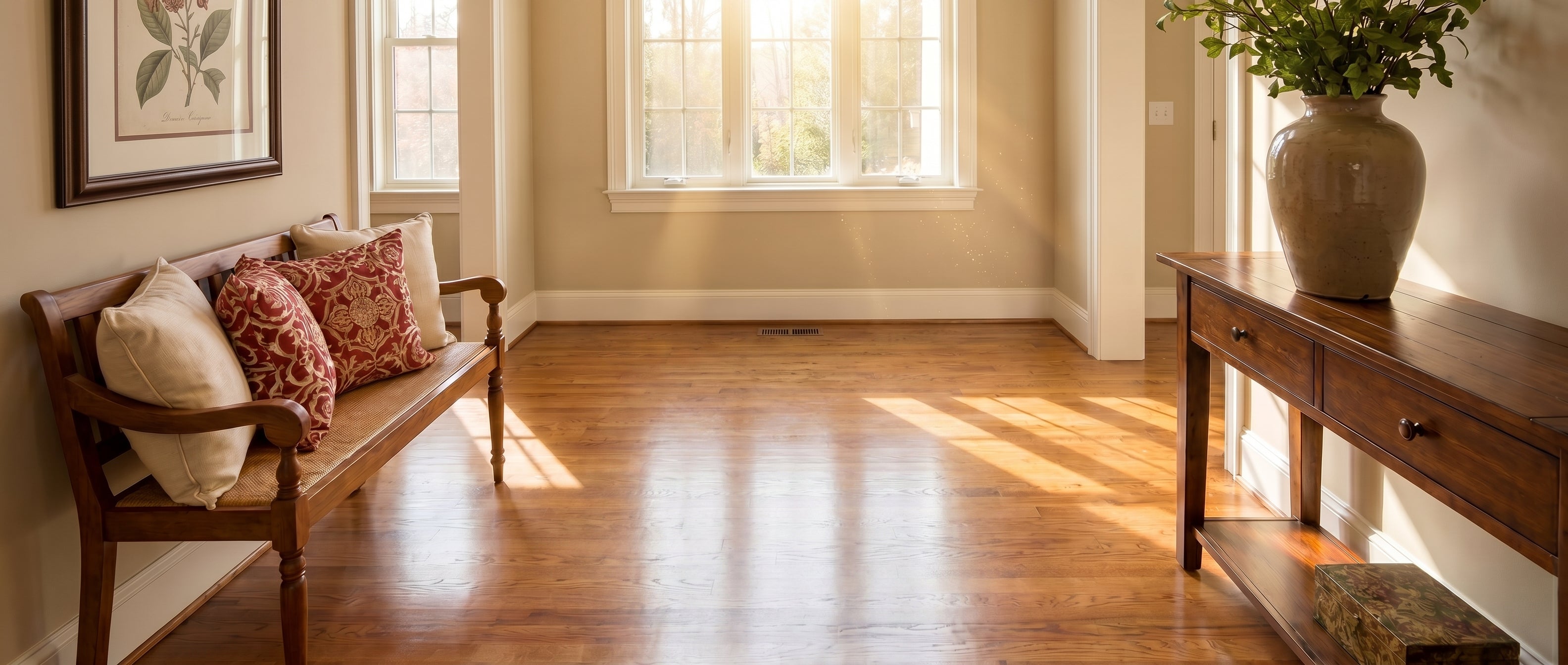 Pièce lumineuse aux murs clairs avec sol en parquet nu, un banc garni de coussins et un tableau à gauche, et une console avec un vase de verdure à droite