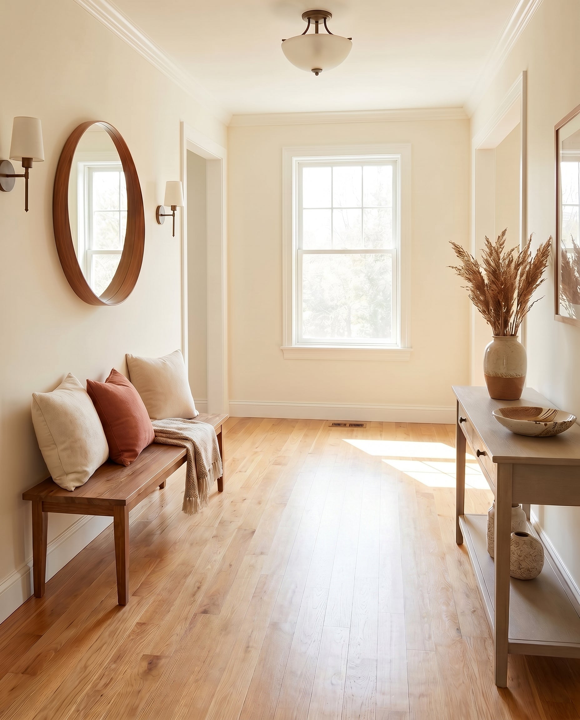Pièce lumineuse au parquet de bois clair. Elle contient un banc avec coussins et plaid, un miroir ovale et une console garnie de graminées séchées