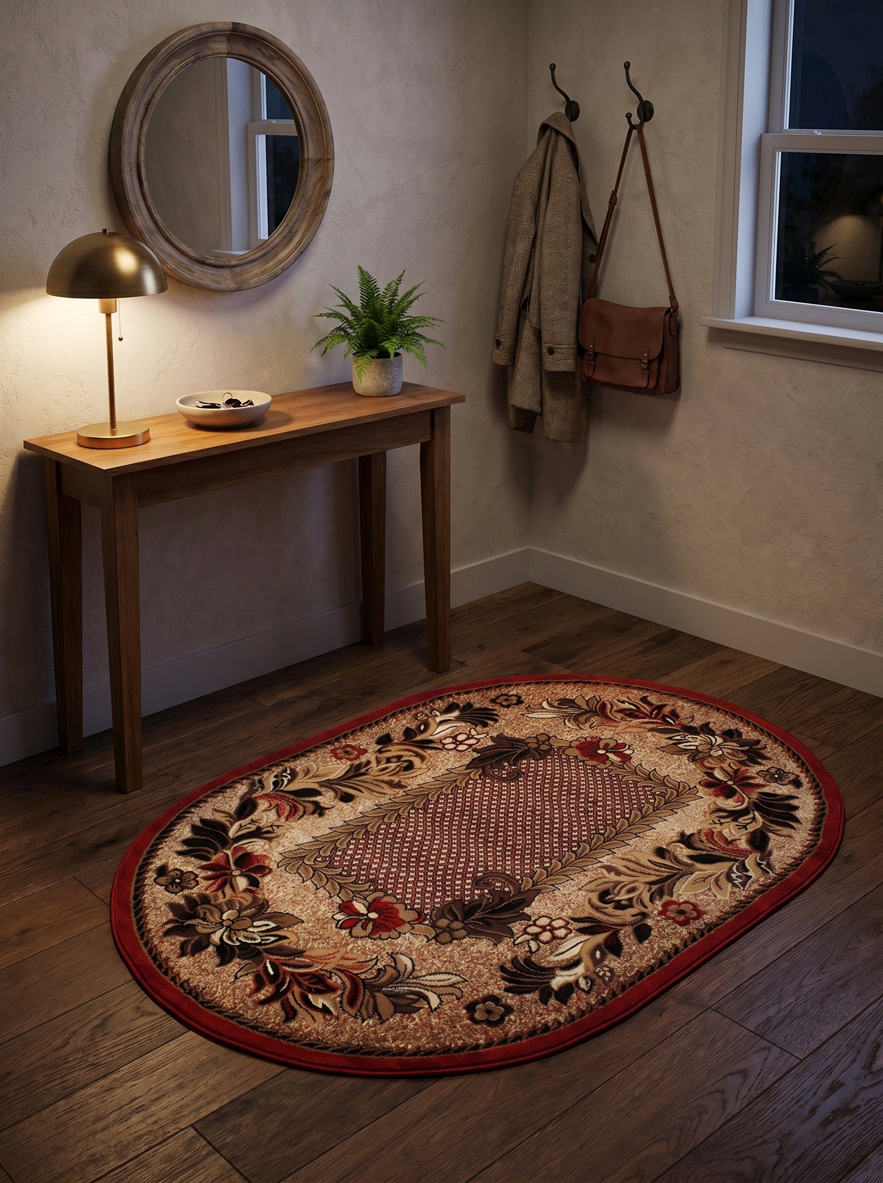 Tapis ovale floral classique beige, rouge et marron, à bordure rouge, en tissu, dans une entrée