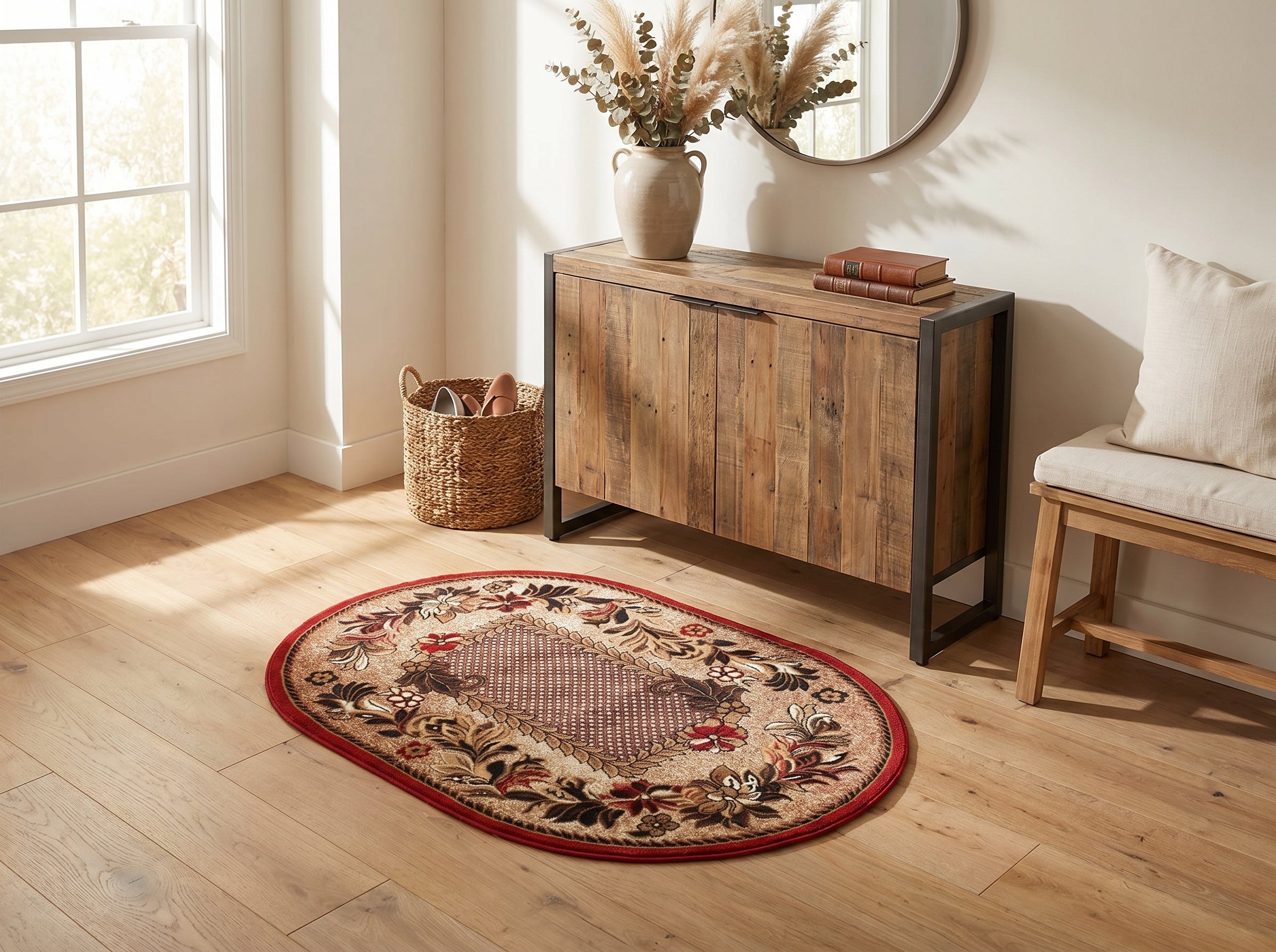 Tapis ovale beige avec motifs floraux rouges et bruns et un centre géométrique, bordure rouge, sur un parquet en bois clair dans une entrée