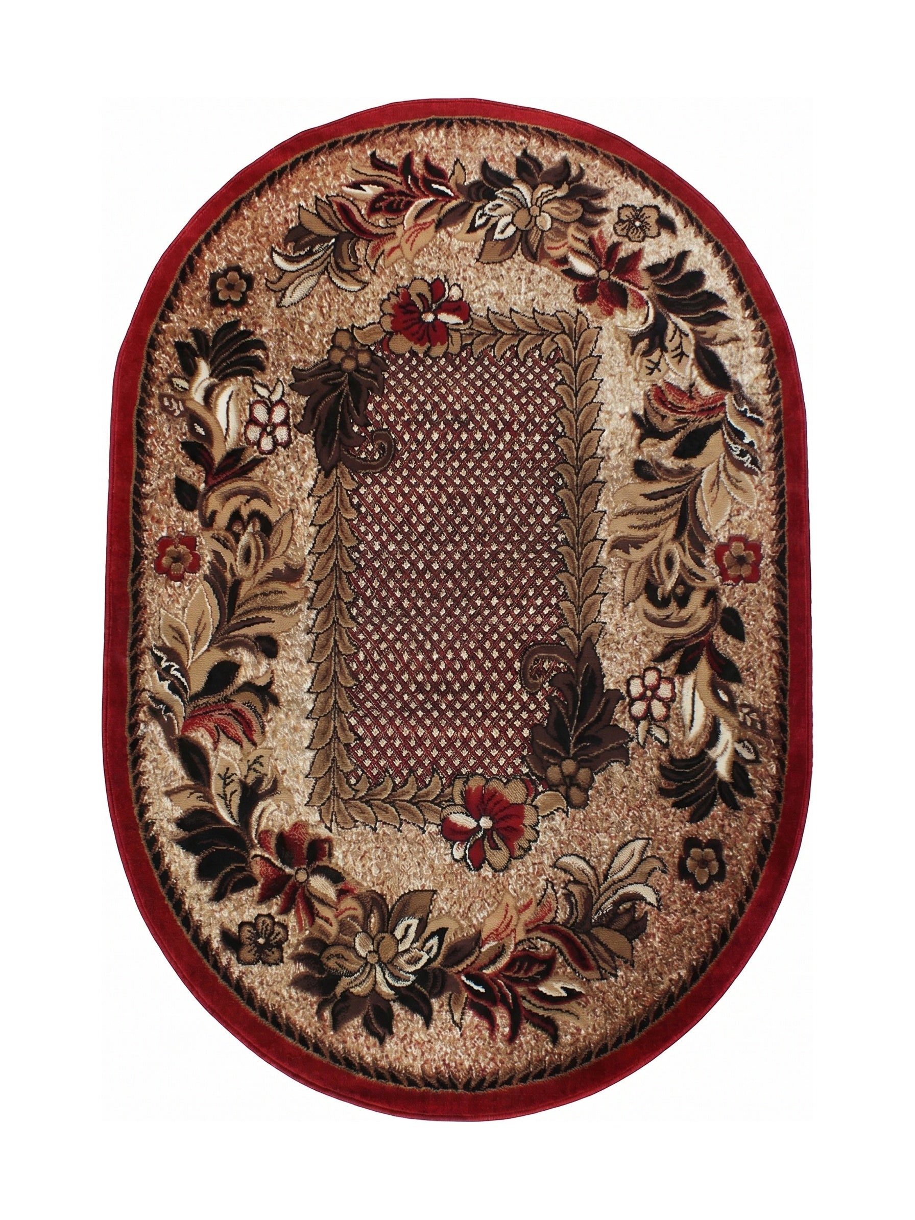 Tapis ovale à bordure rouge avec des motifs floraux et végétaux marron et beige sur un fond crème moucheté et un centre quadrillé rouge foncé