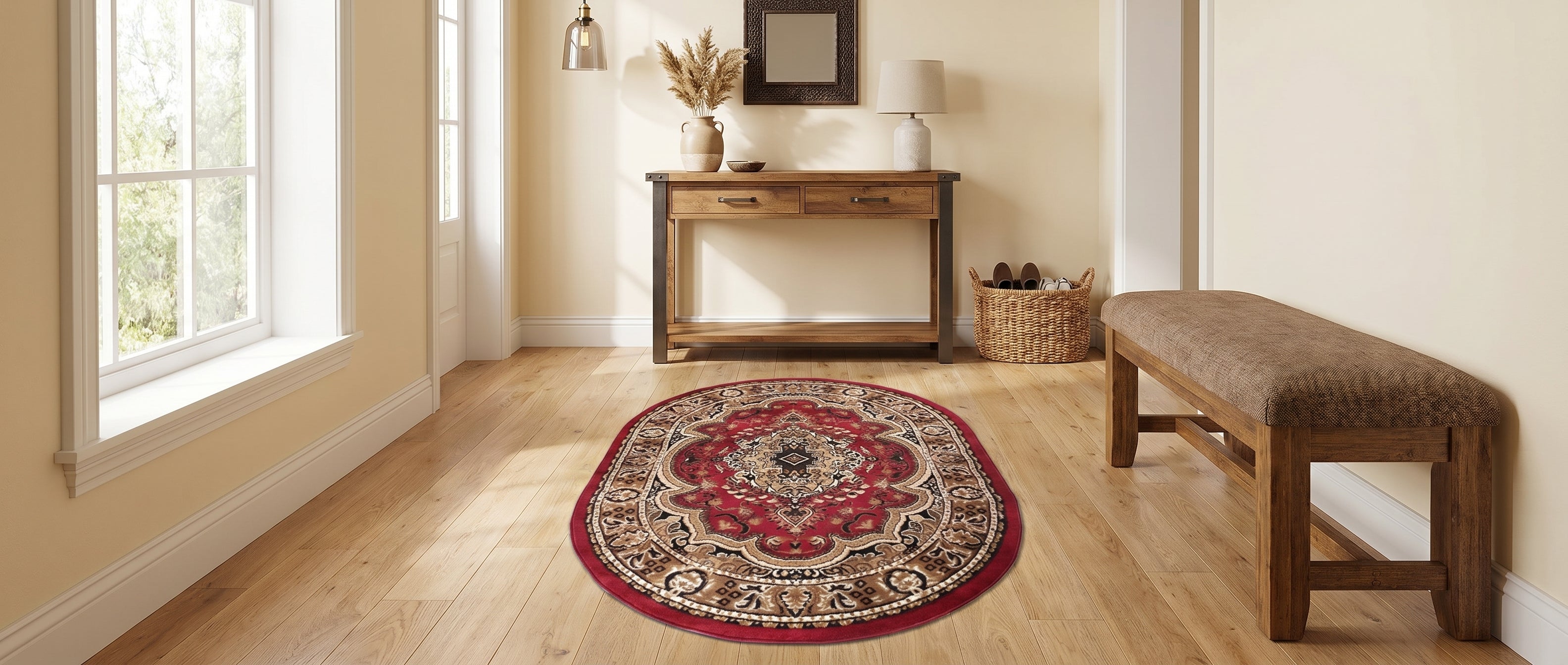 Tapis ovale rouge bordeaux orné de motifs classiques beiges, crème et noirs, posé sur un parquet en bois clair dans une entrée