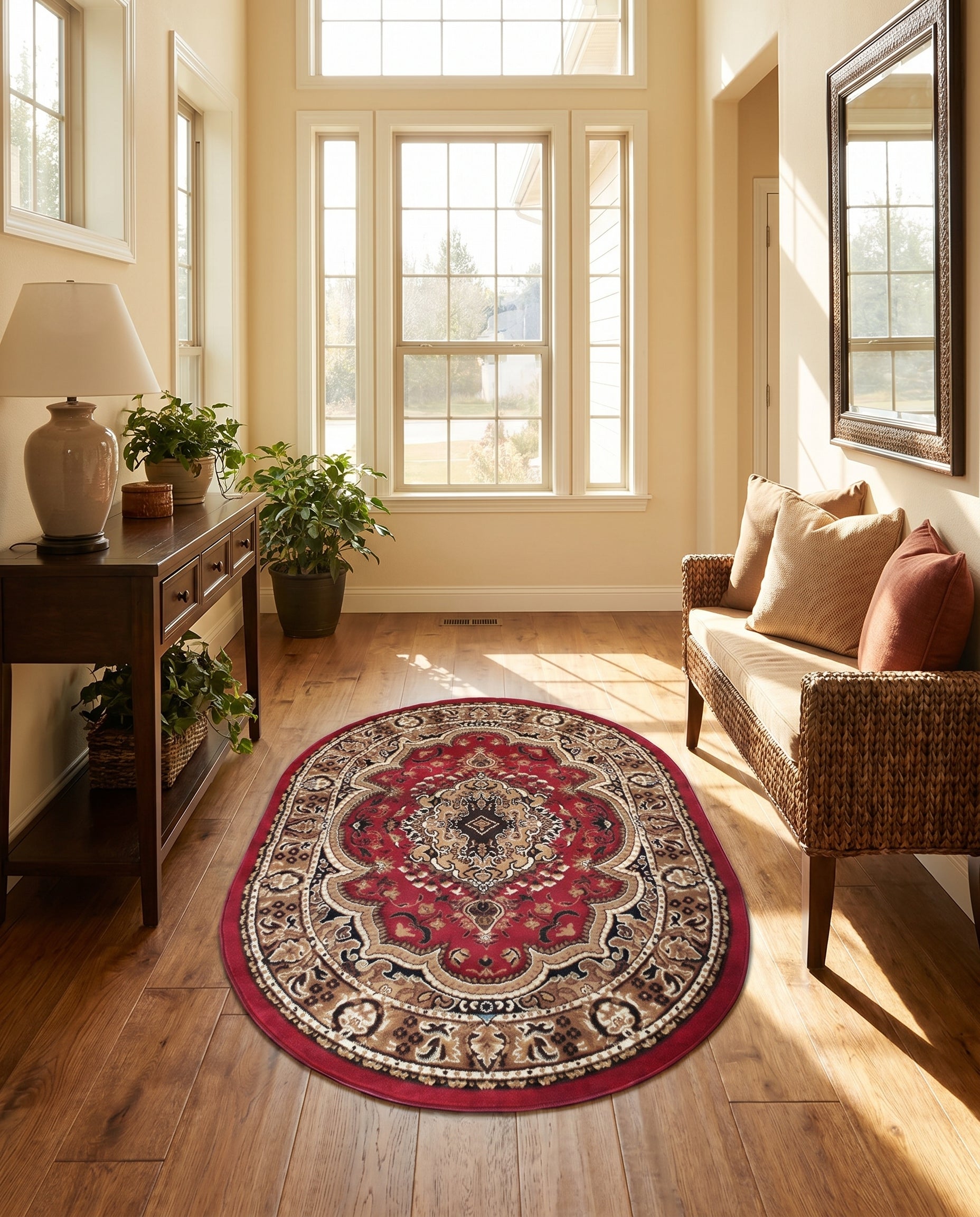 Tapis ovale rouge bordeaux avec motifs médaillon beiges, bruns et noirs, posé sur un parquet dans une entrée lumineuse