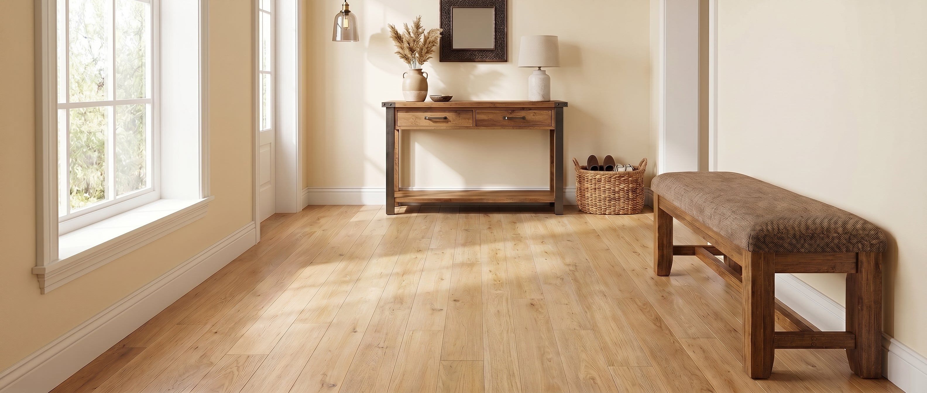 Pièce lumineuse avec un parquet clair. Sur un mur crème, une console en bois foncé et métal supporte une lampe, un vase de plantes séchées et un miroir. Un panier de chaussures et un banc rembourré complètent l'ameublement