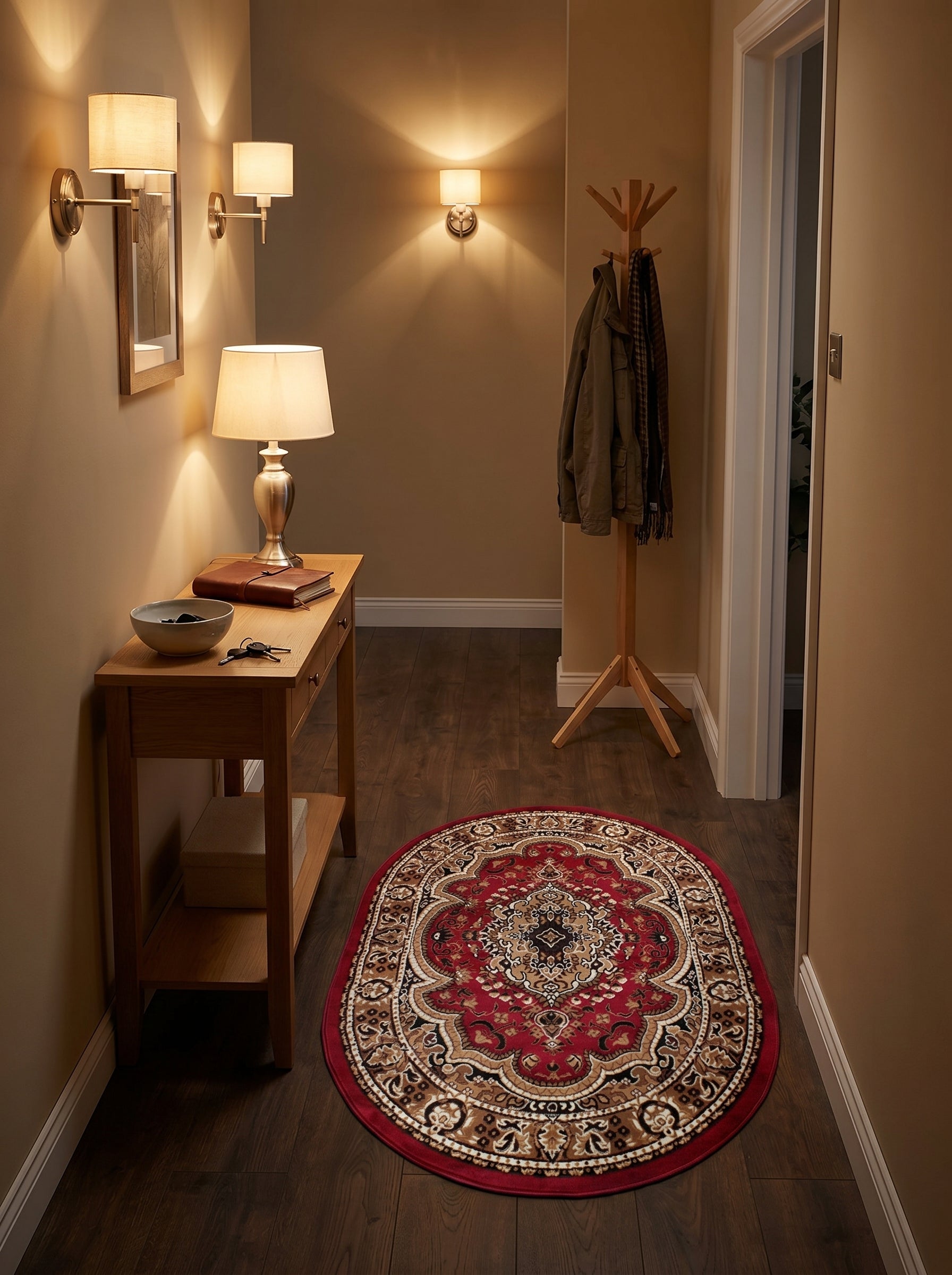 Tapis ovale rouge profond à motifs orientaux beiges, marrons et noirs, sur un sol en bois sombre dans une entrée