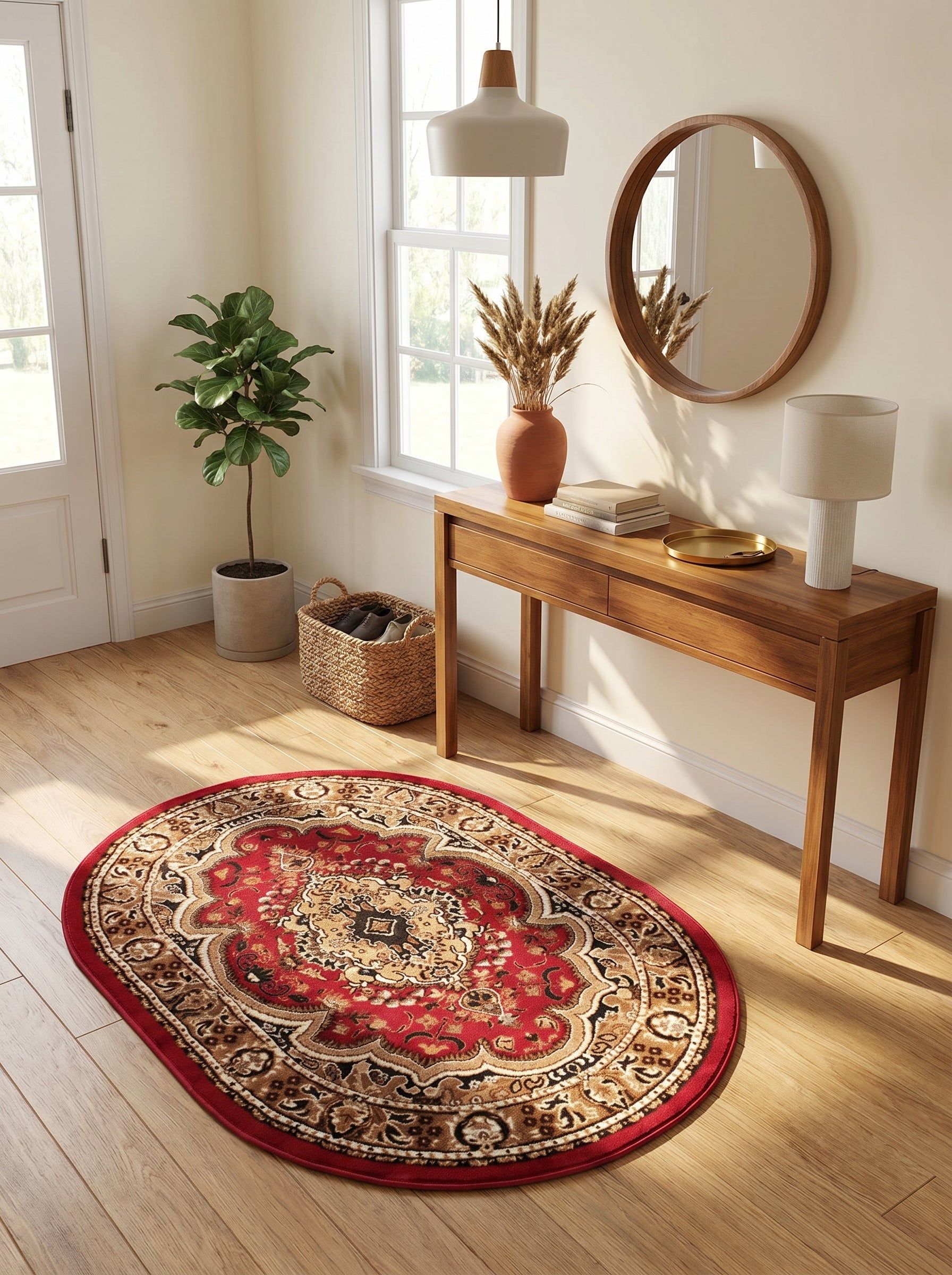 Tapis ovale rouge profond avec des motifs floraux et géométriques beiges, or et noirs, sur un parquet dans une entrée lumineuse