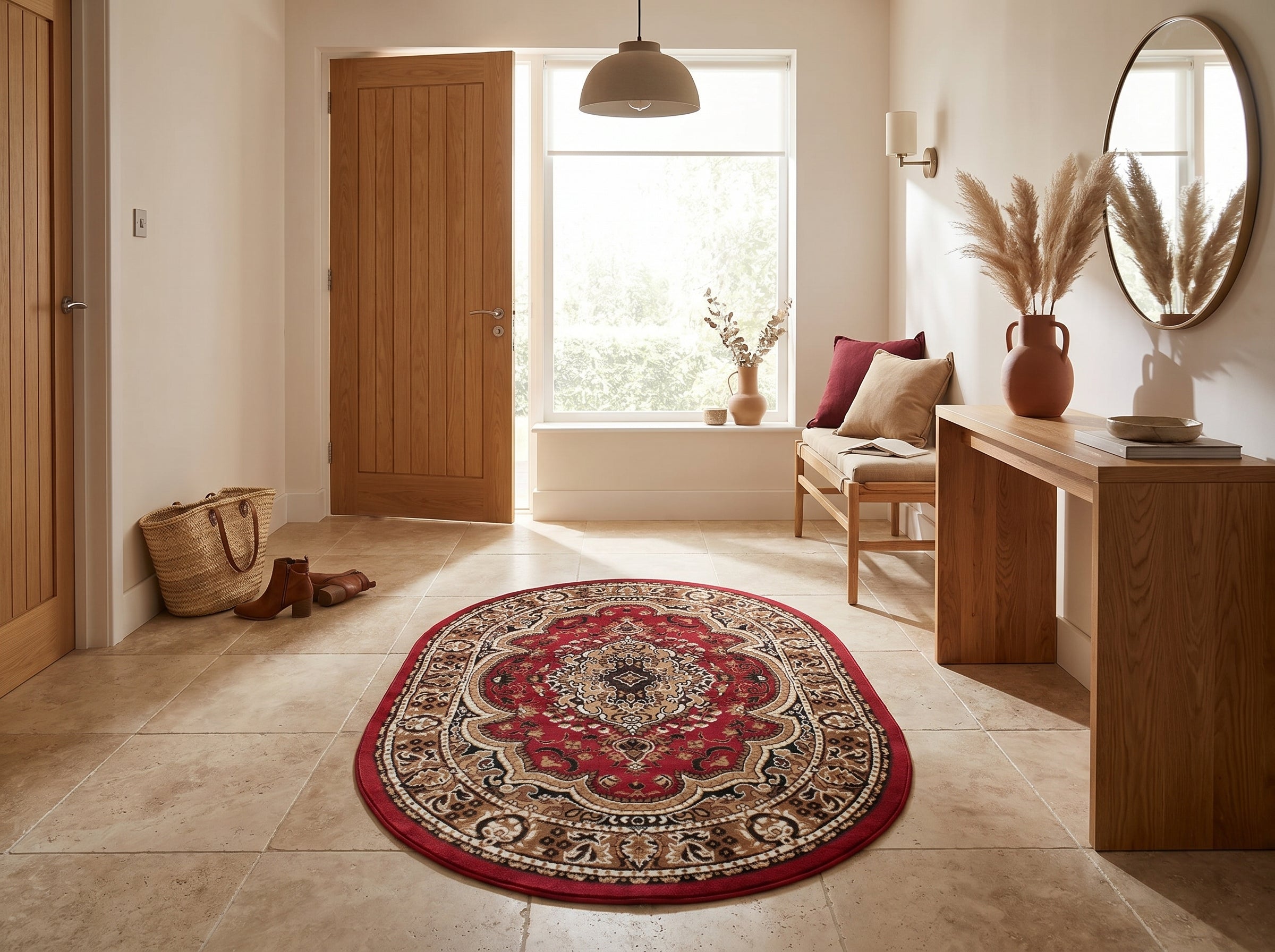 Tapis ovale rouge avec médaillon central et motifs floraux beiges, noirs et dorés, posé sur un carrelage clair dans une entrée