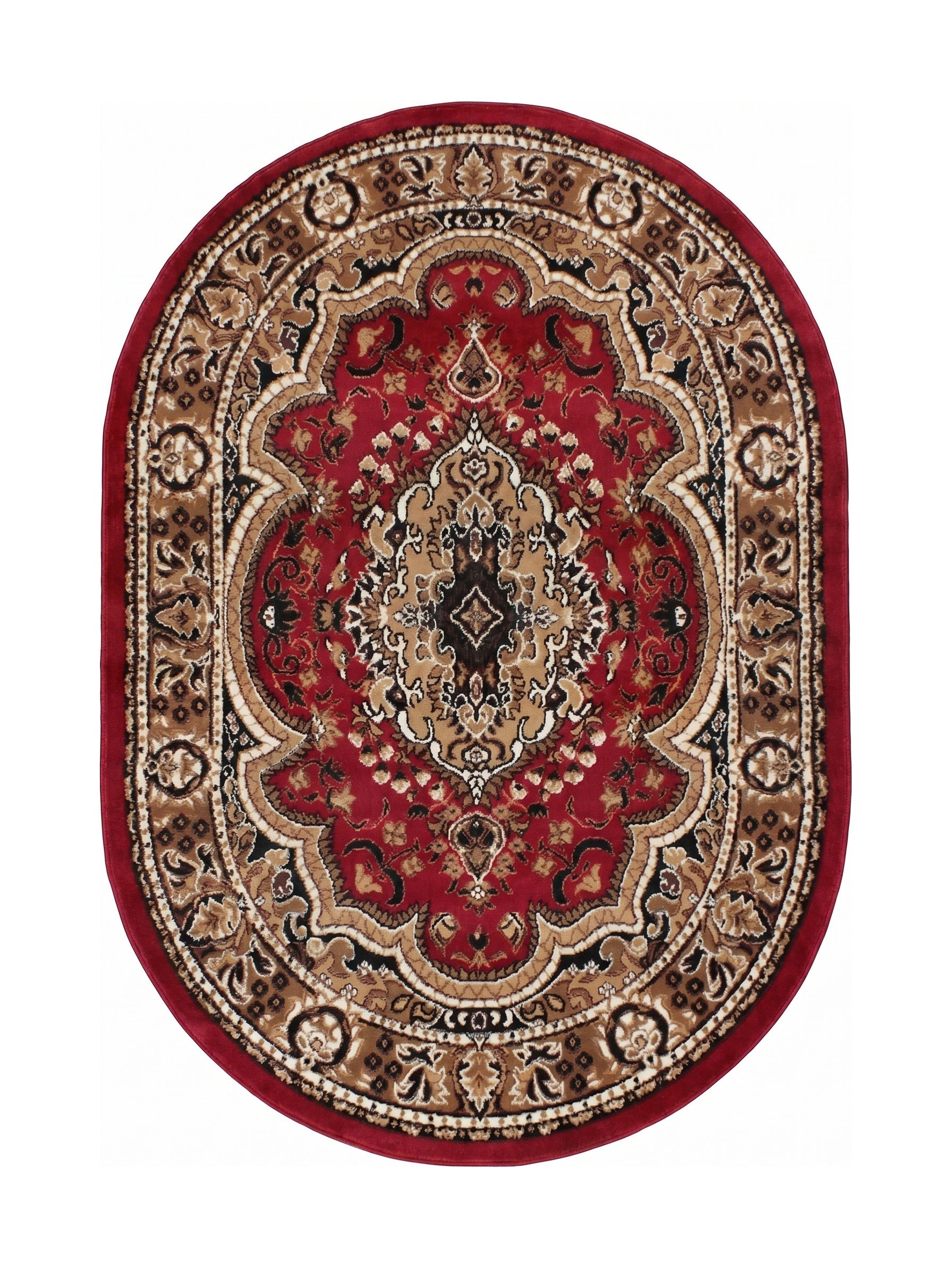Tapis ovale rouge orné de motifs classiques floraux et arabesques, dans des tons de beige, crème, marron et noir