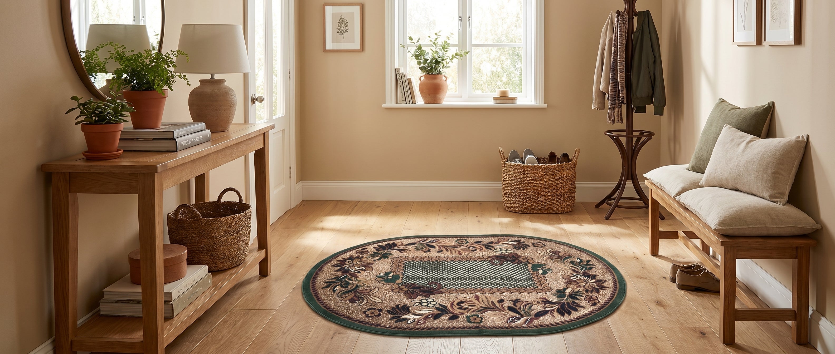 Tapis ovale beige aux motifs floraux et géométriques verts et marrons, bordé de vert, posé sur un parquet clair d'une entrée