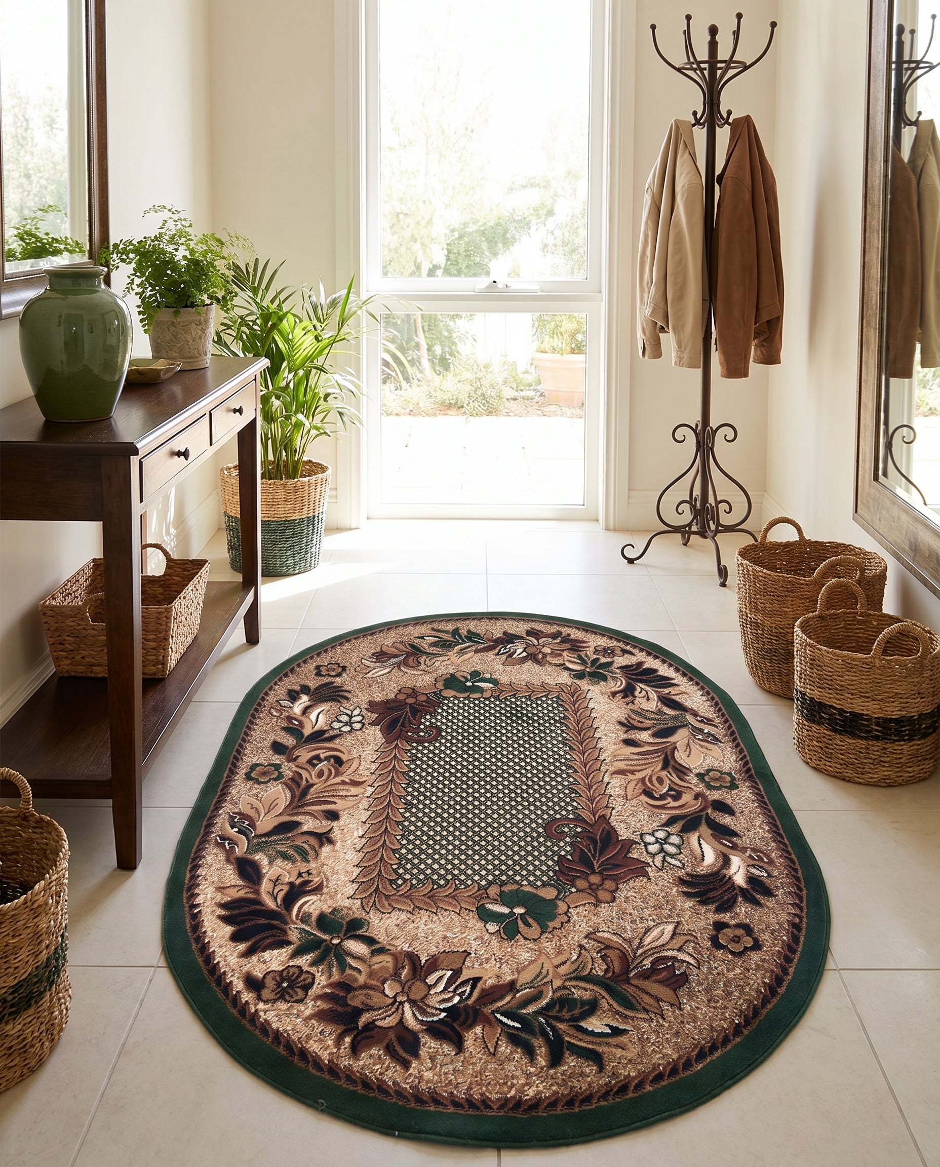 Tapis ovale à motifs floraux vert, marron et crème sur beige doré, bordure verte unie, dans une entrée lumineuse