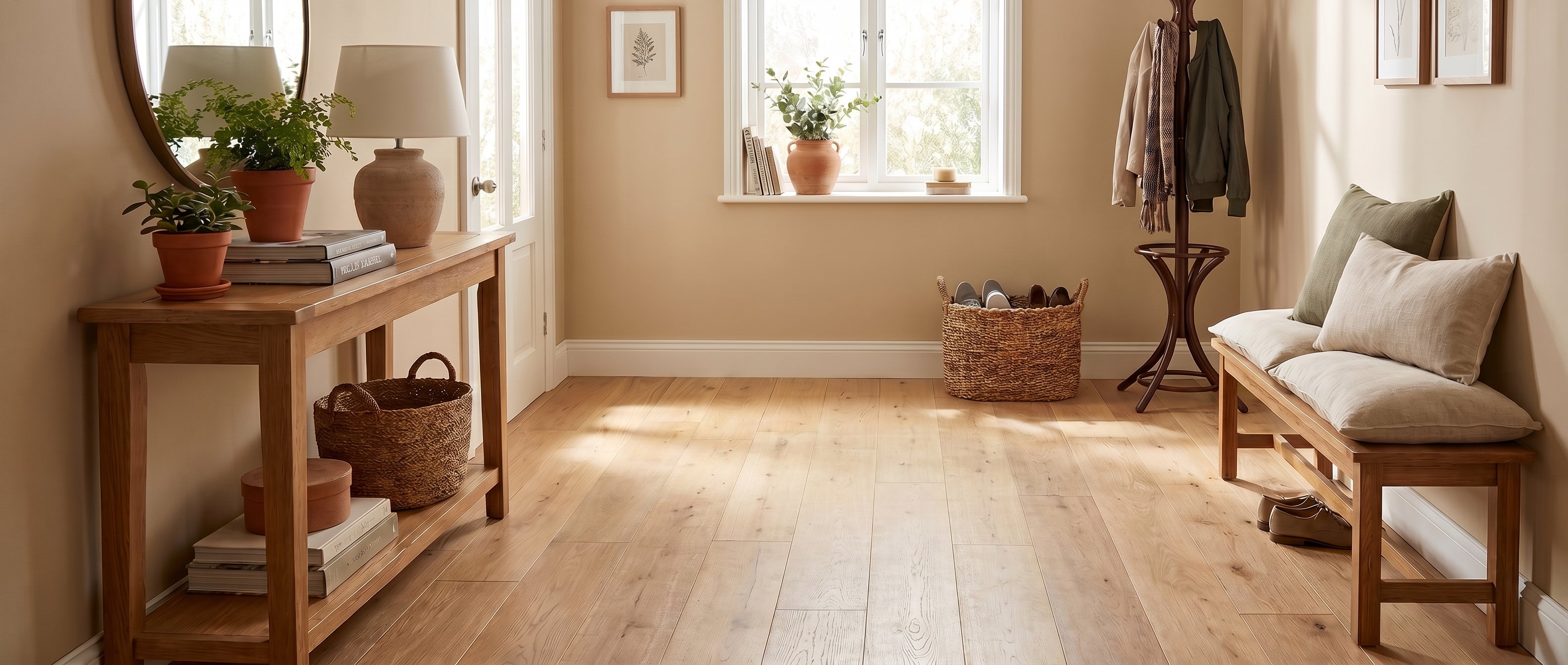 Pièce lumineuse avec sol en bois clair, une console avec miroir et plantes, un porte-manteau et un banc avec coussins