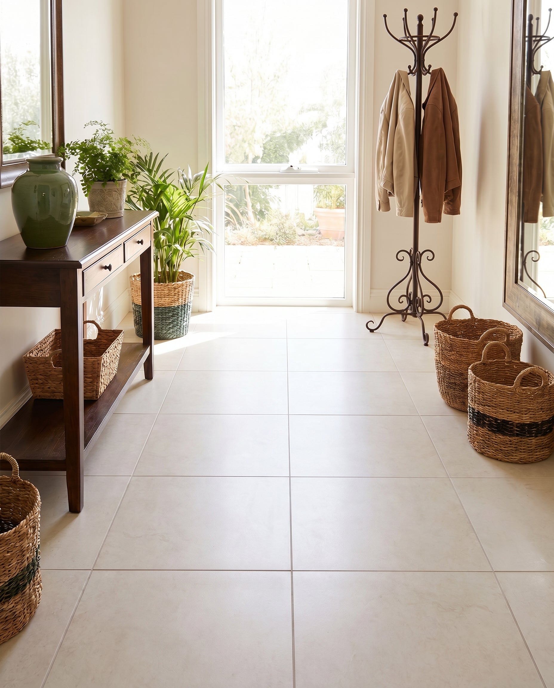 Hall d'entrée clair avec carrelage beige au sol. Une console en bois, un porte-manteau, des paniers et des miroirs habillent la pièce