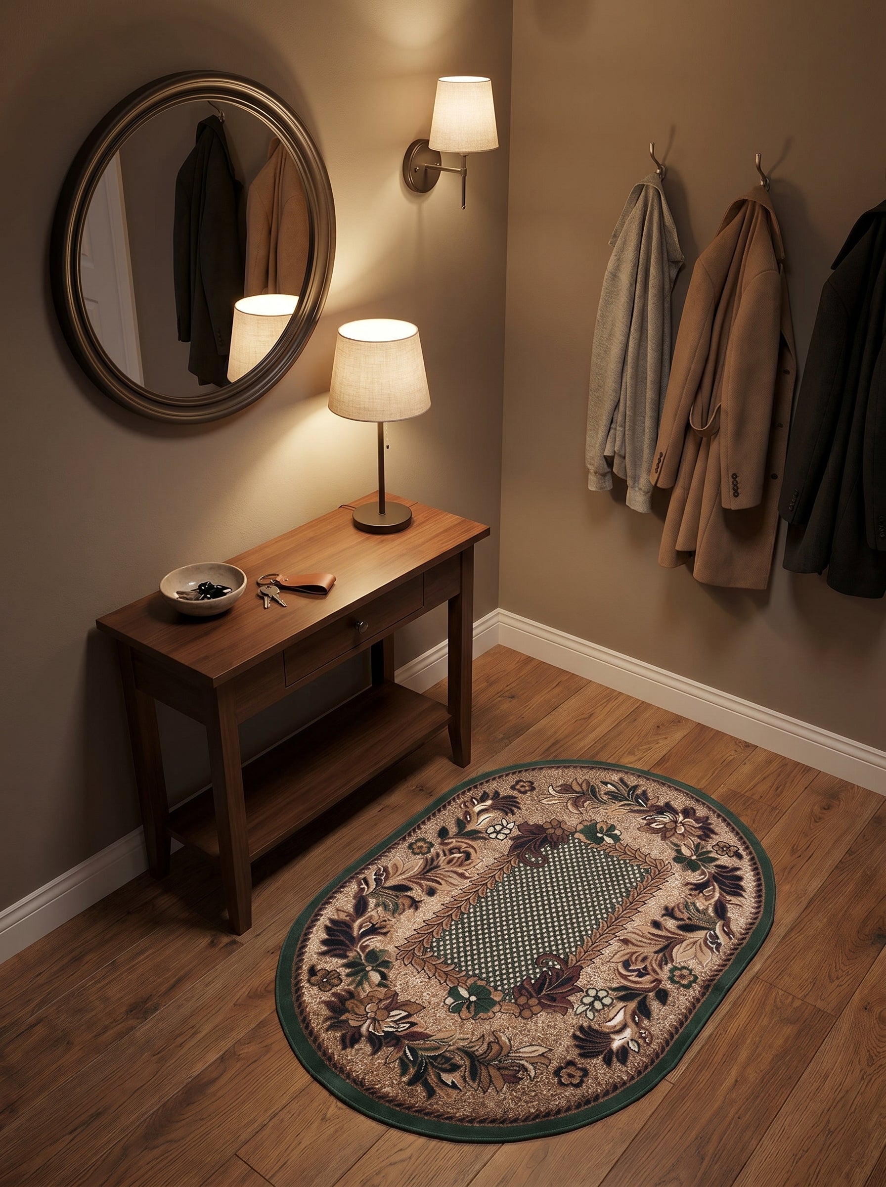 Tapis ovale beige à bordure verte, orné de motifs floraux riches et d'un centre quadrillé, posé sur un parquet dans une entrée élégante