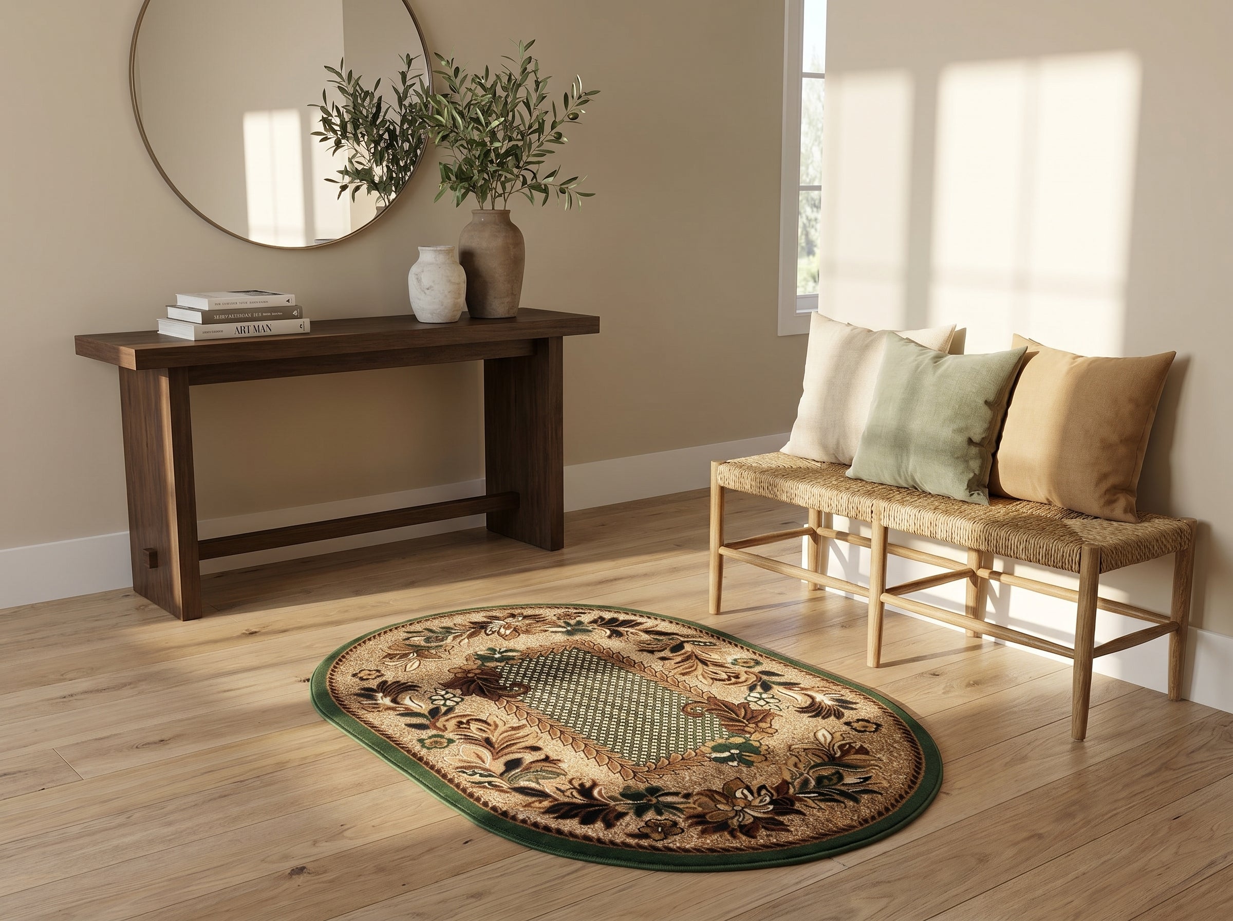 Tapis ovale beige et vert à motifs floraux marron et cadre vert foncé, avec un motif quadrillé vert central sur un parquet clair dans une entrée lumineuse
