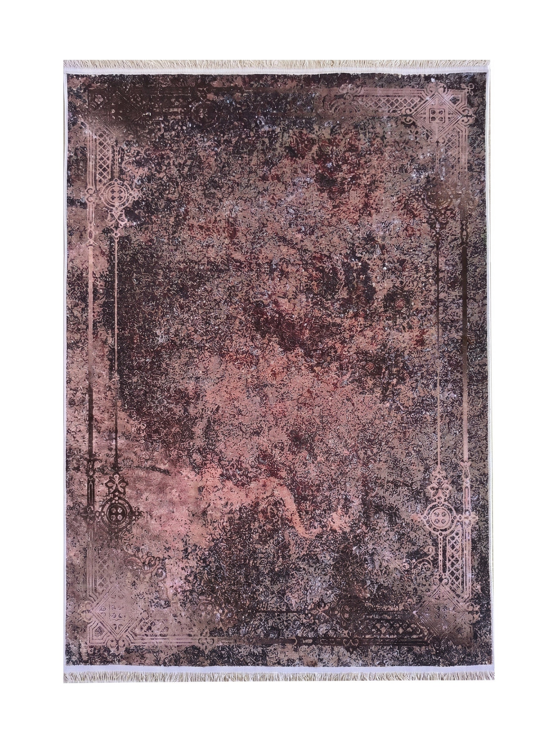 Tapis aux teintes de marron foncé et de rouille avec un motif central abstrait et des bordures ornées de motifs géométriques clairs et franges