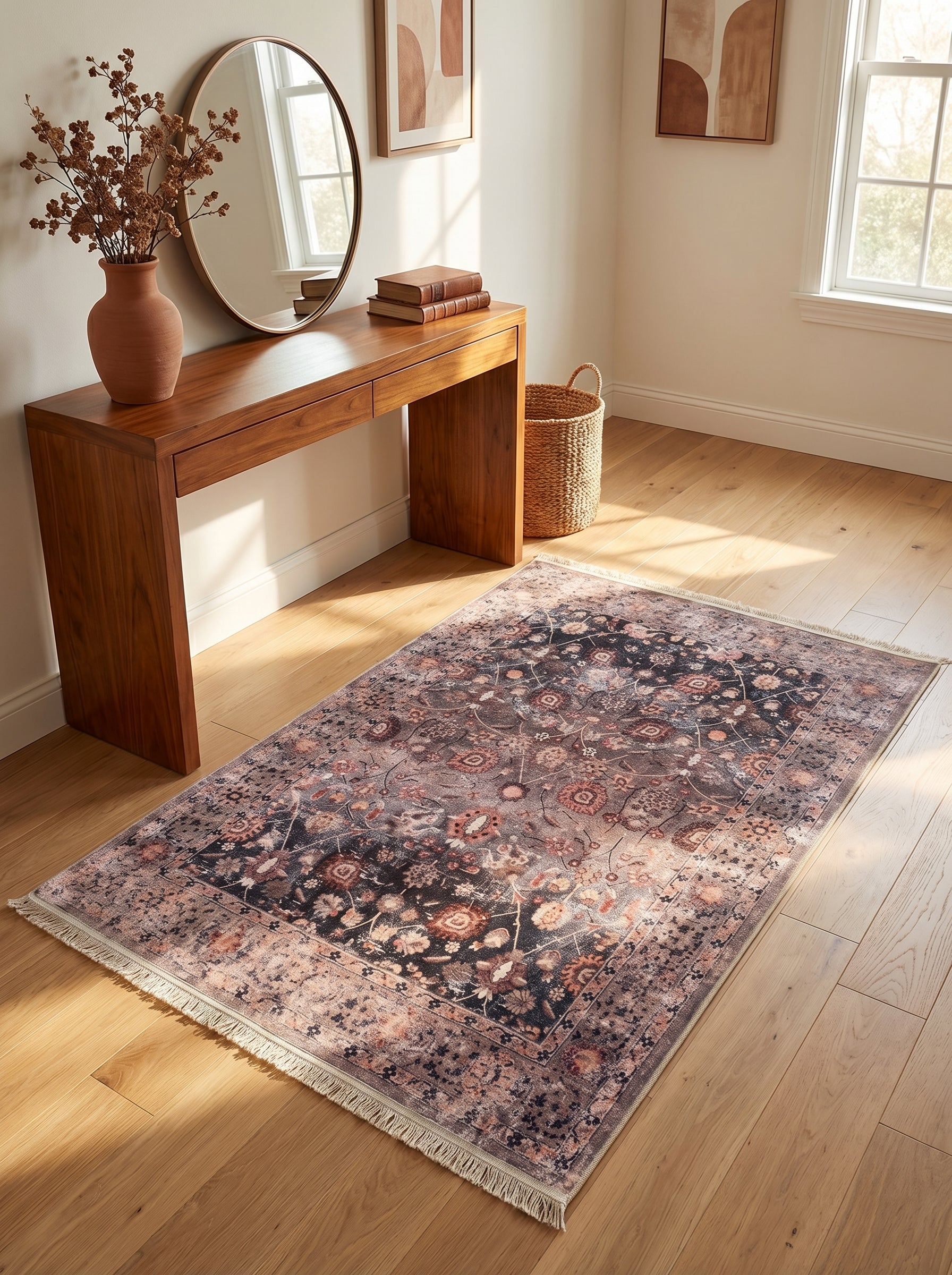 Tapis rectangulaire vieilli, motifs floraux traditionnels en noir, rose poudré et rouille, avec franges, sur parquet clair dans une entrée