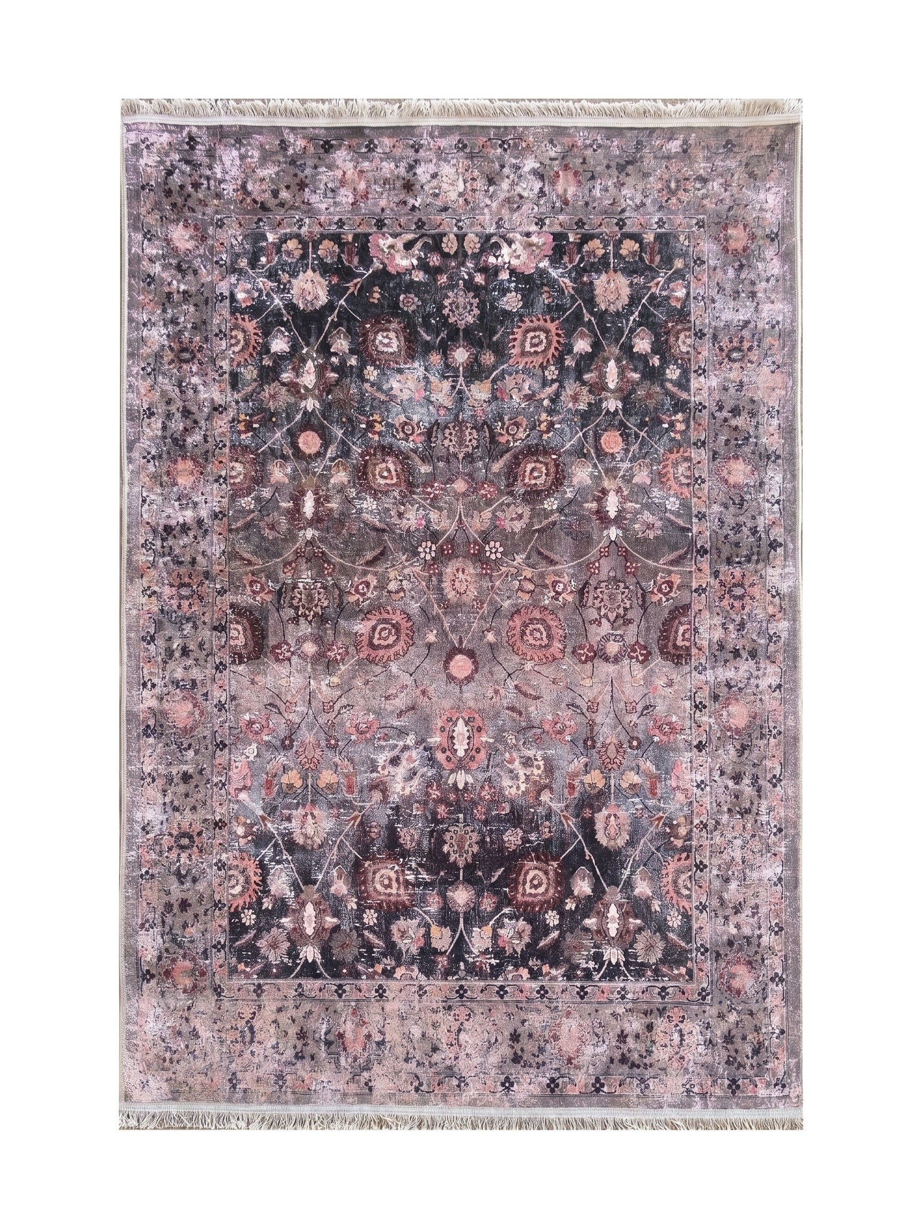 Tapis rectangulaire aux motifs floraux et géométriques délavés dans des tons de gris, rose poudré et noir avec une bordure