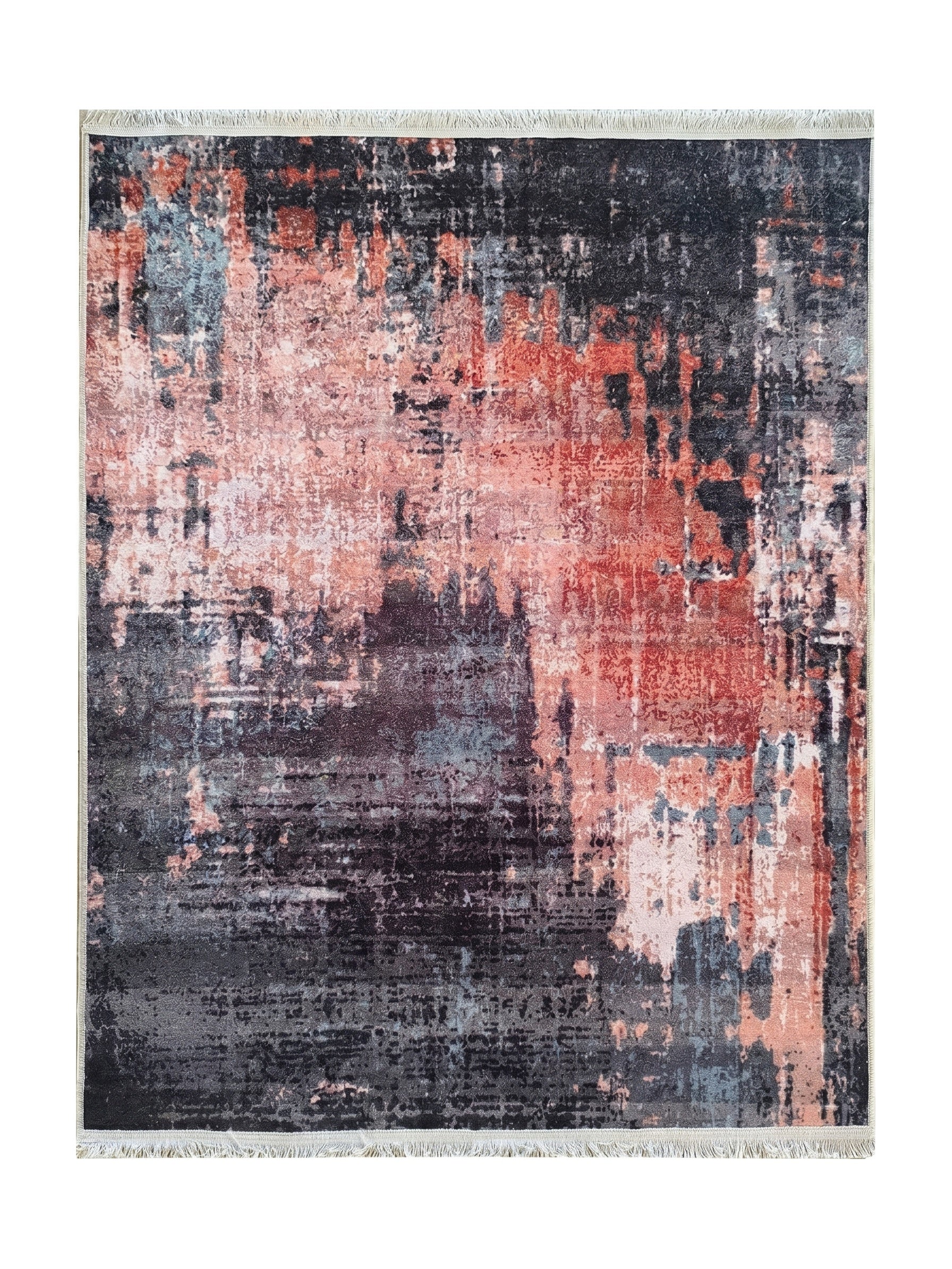 Tapis rectangulaire abstrait aux tons noir, rouge corail, bleu-gris et blanc, avec un effet usé et des franges