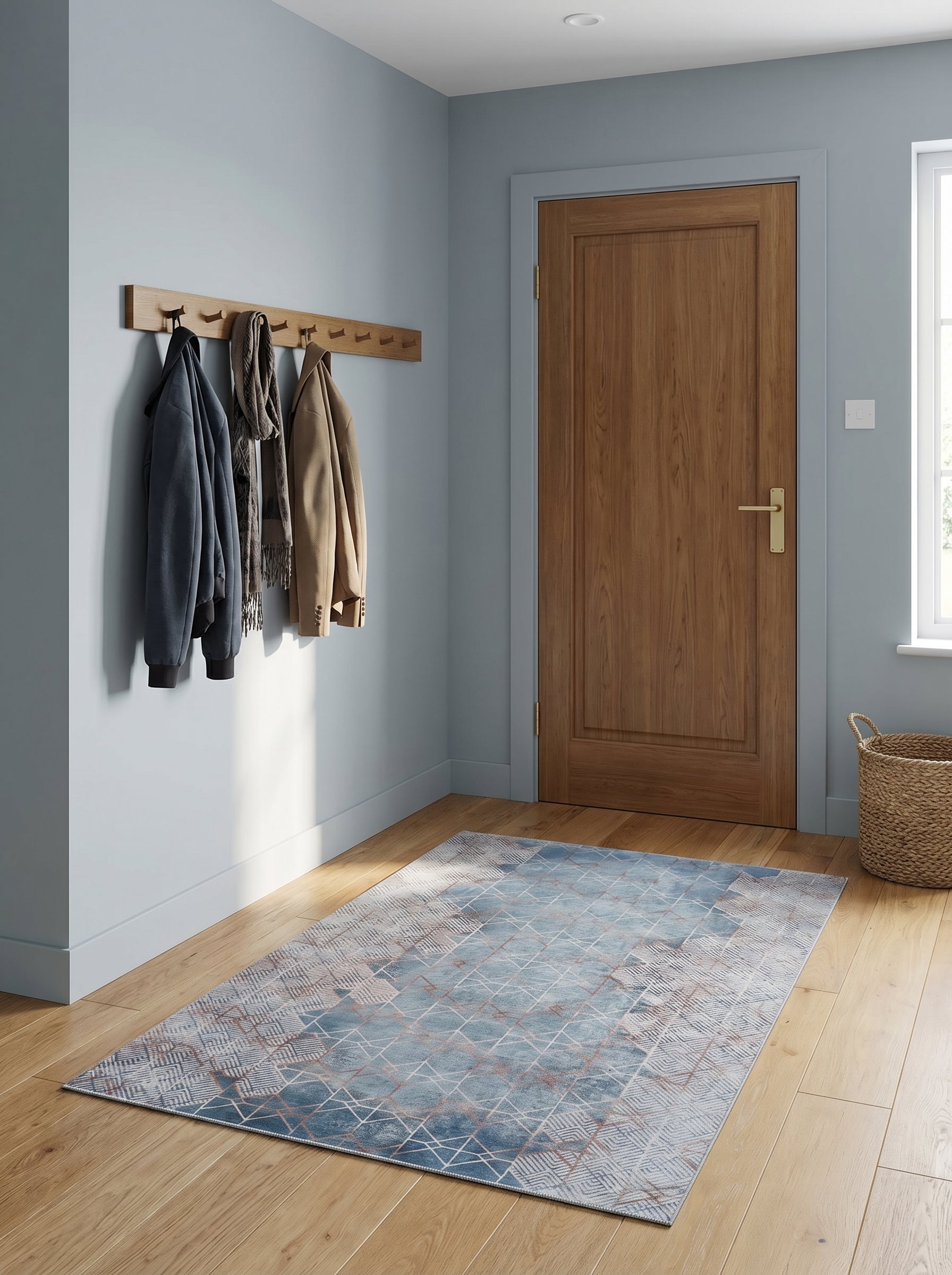 Tapis rectangulaire bleu et gris à motifs géométriques de losanges et chevrons, avec des lignes blanches et cuivrées, dans une entrée lumineuse