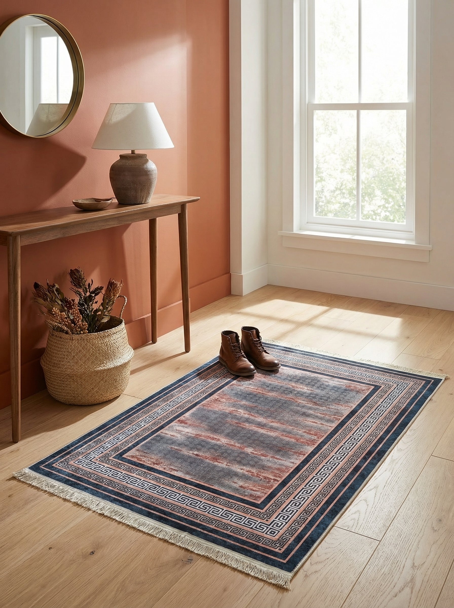 Tapis rectangulaire bleu marine et terracotta à motifs méandres et centre abstrait, sur parquet clair dans une entrée
